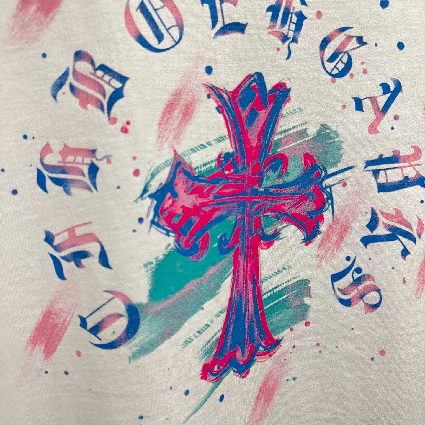 Chrome Hearts Watercolor Graffiti Cross Print Crew Neck T-Shirt - FashionPlug