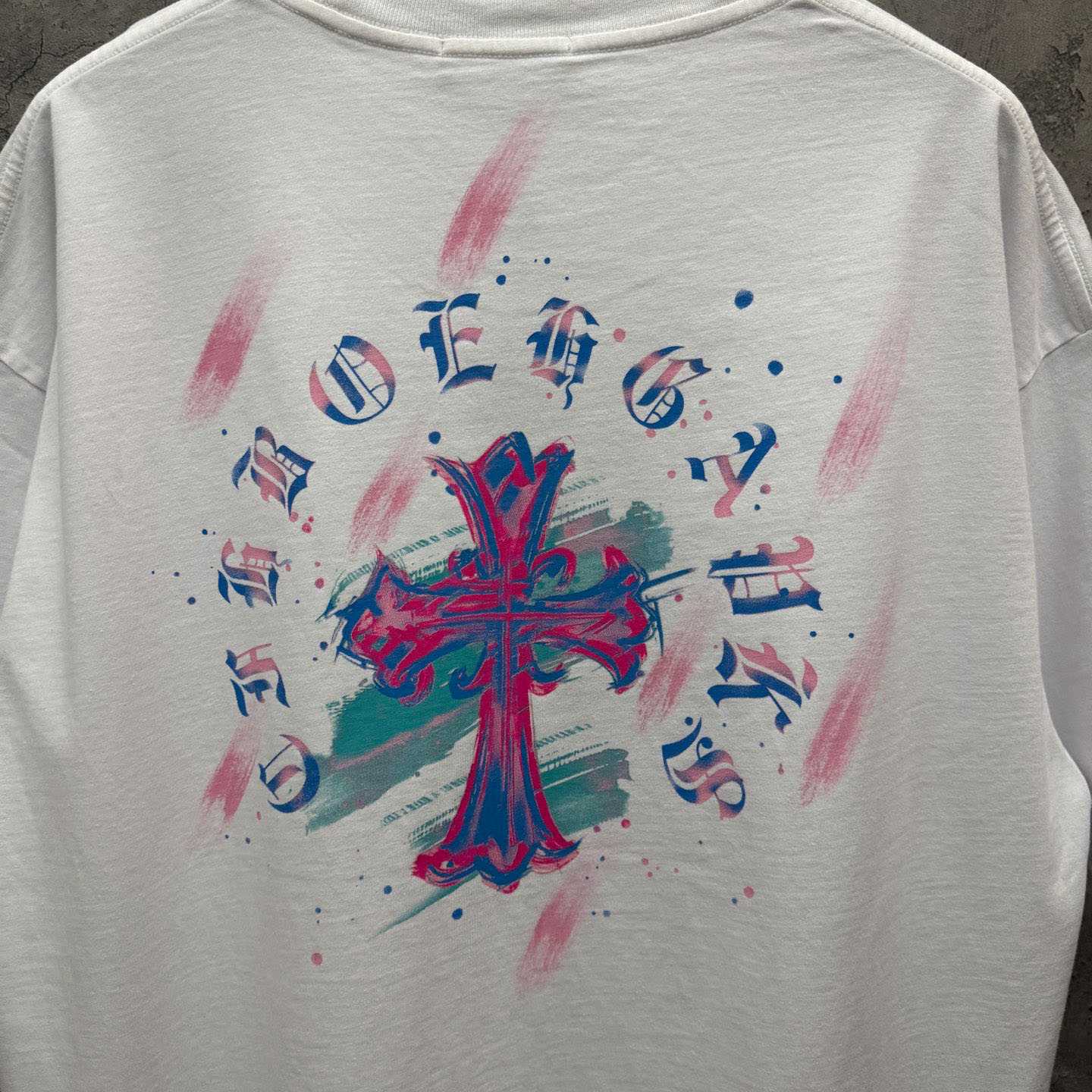 Chrome Hearts Watercolor Graffiti Cross Print Crew Neck T-Shirt - FashionPlug