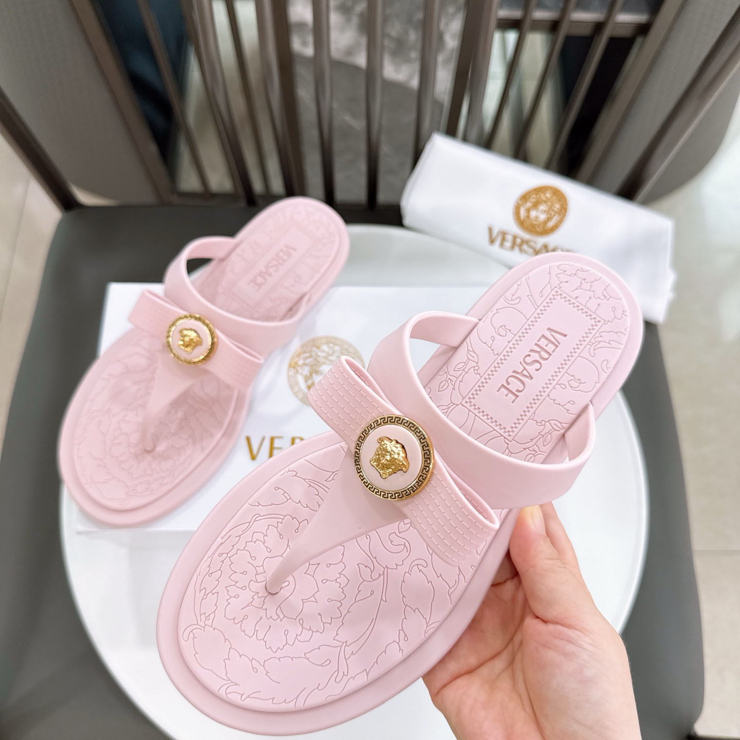 Versace Alia Medusa Embellished Slippers - FashionPlug