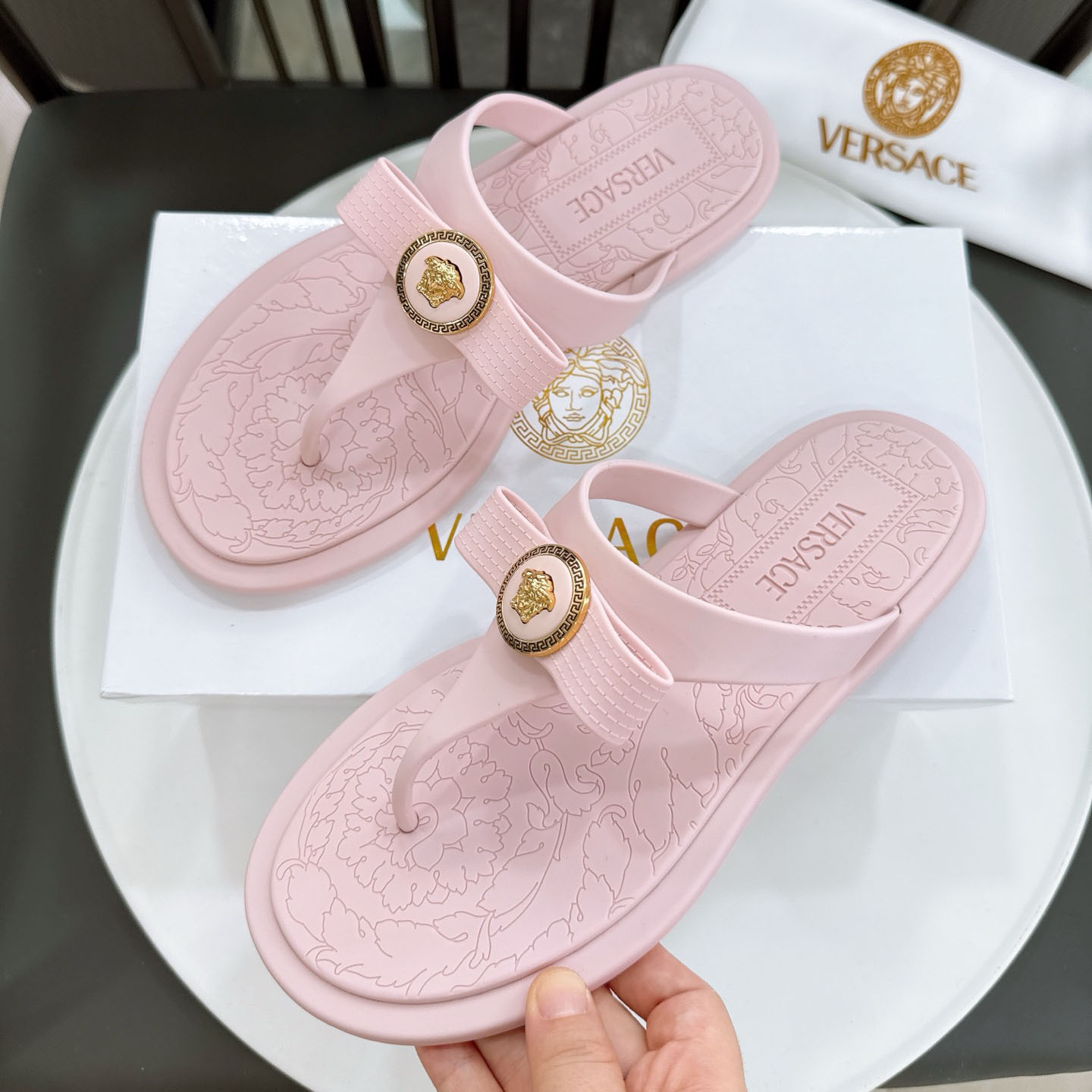 Versace Alia Medusa Embellished Slippers - FashionPlug