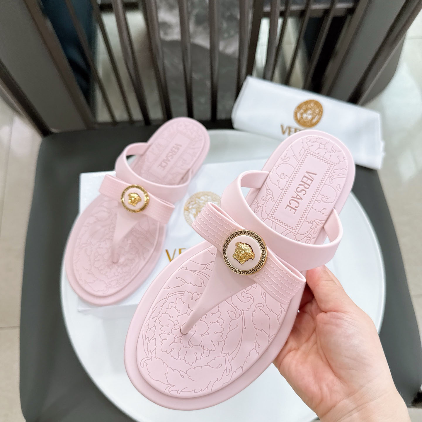 Versace Alia Medusa Embellished Slippers - FashionPlug