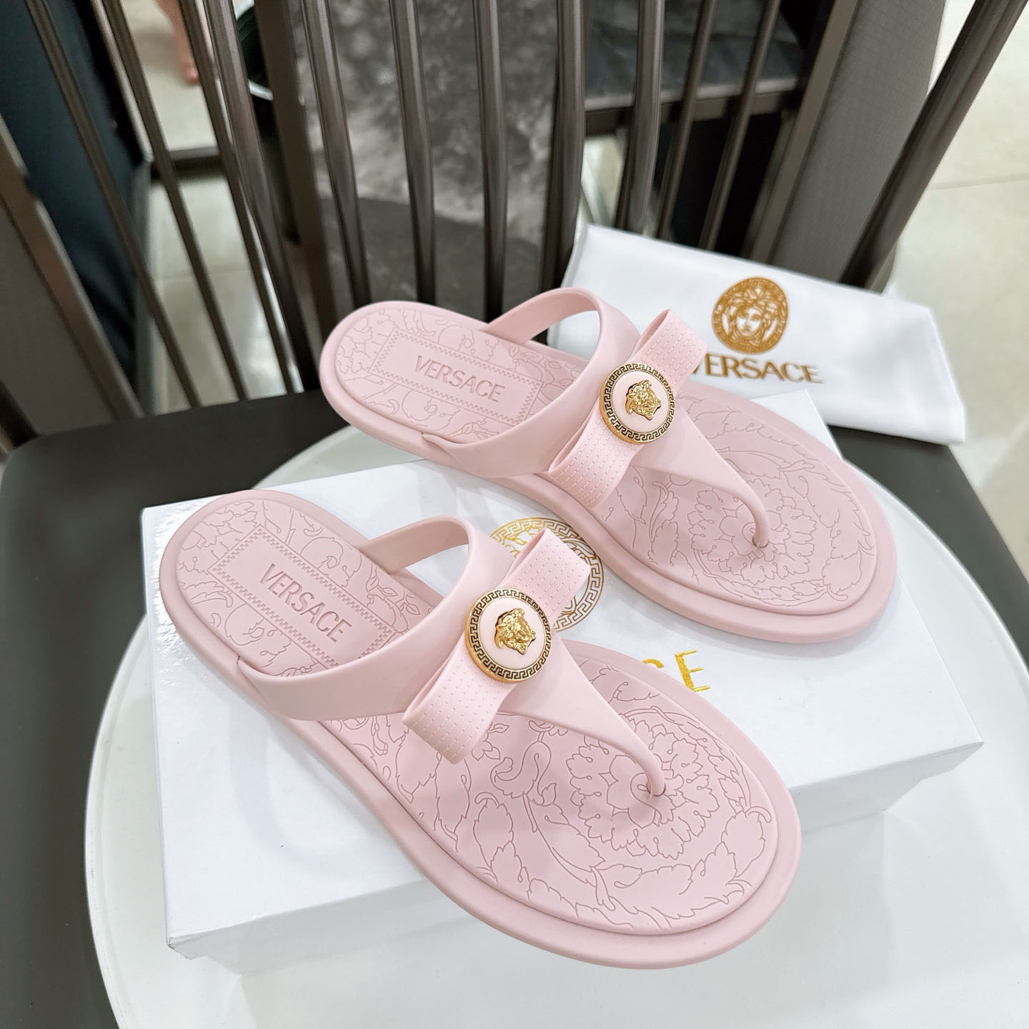 Versace Alia Medusa Embellished Slippers - FashionPlug