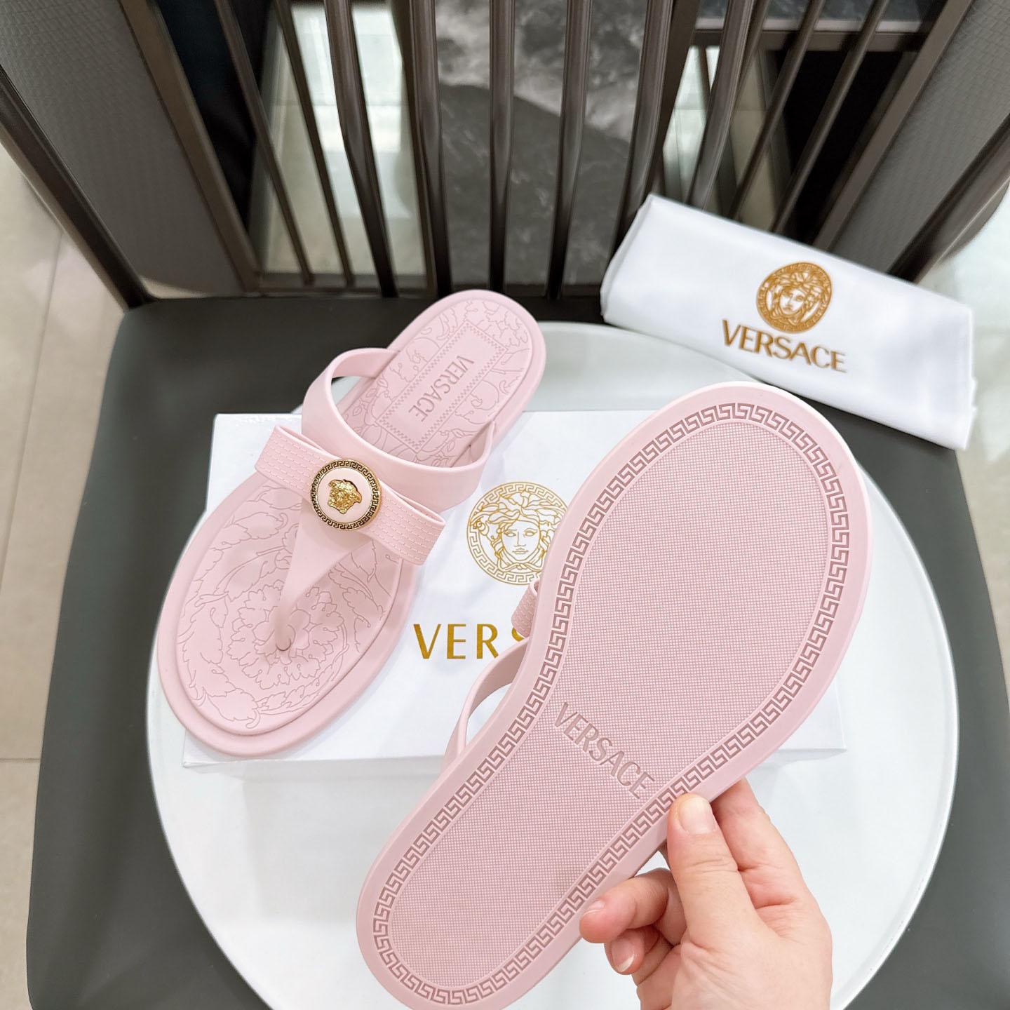 Versace Alia Medusa Embellished Slippers - FashionPlug