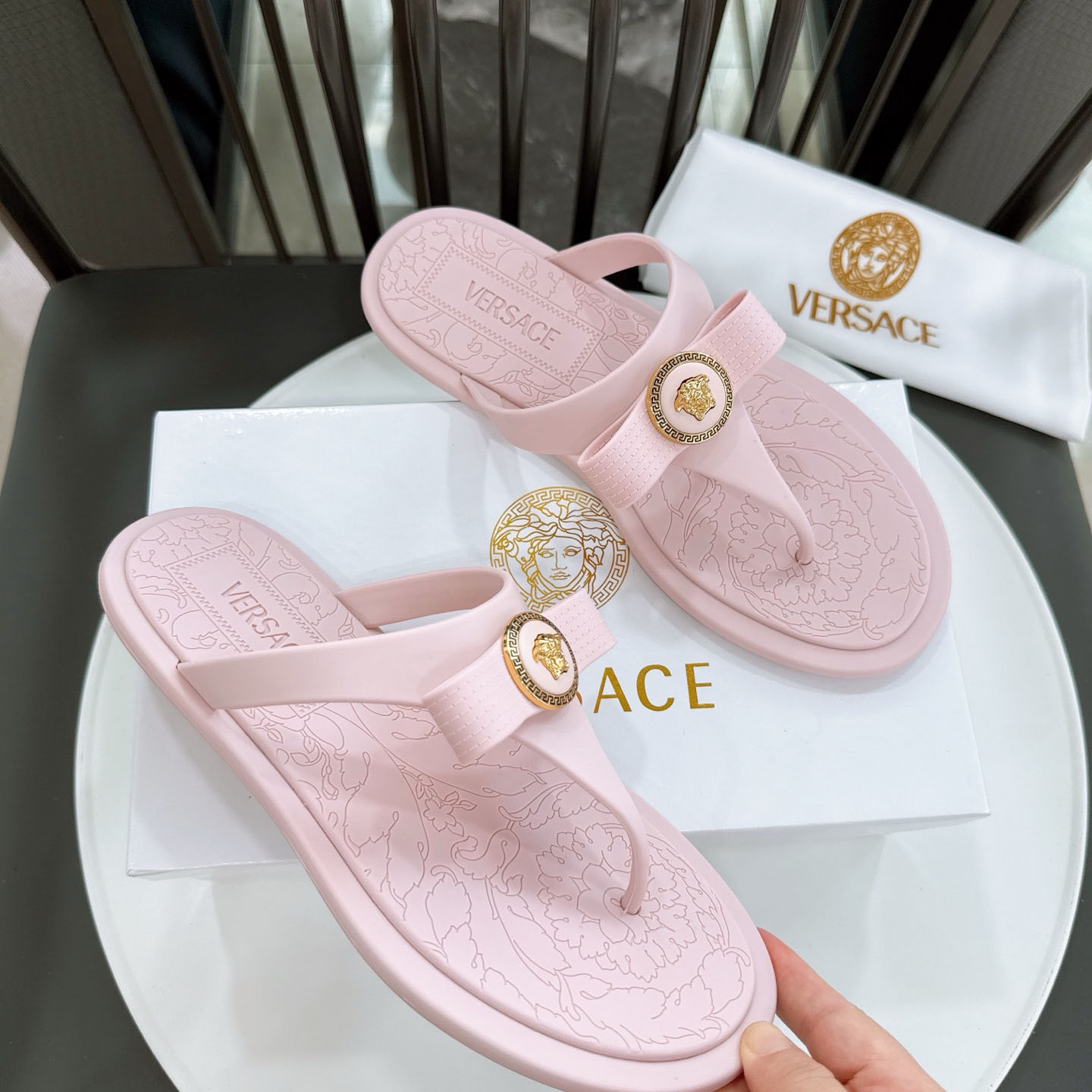 Versace Alia Medusa Embellished Slippers - FashionPlug