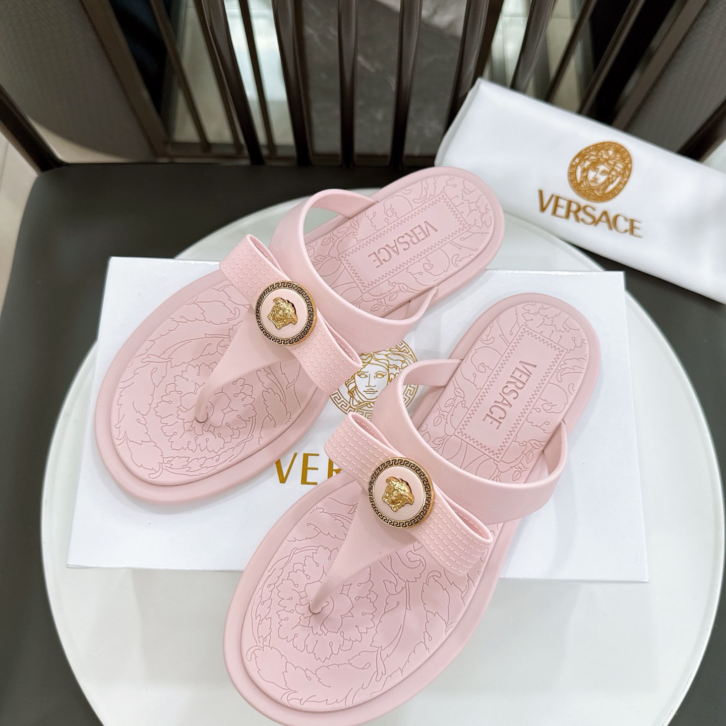 Versace Alia Medusa Embellished Slippers - FashionPlug