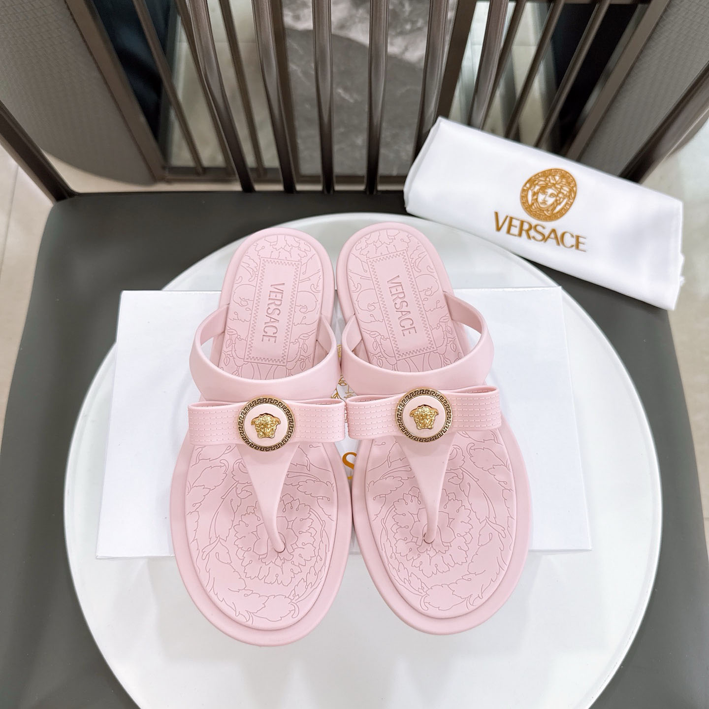 Versace Alia Medusa Embellished Slippers - FashionPlug
