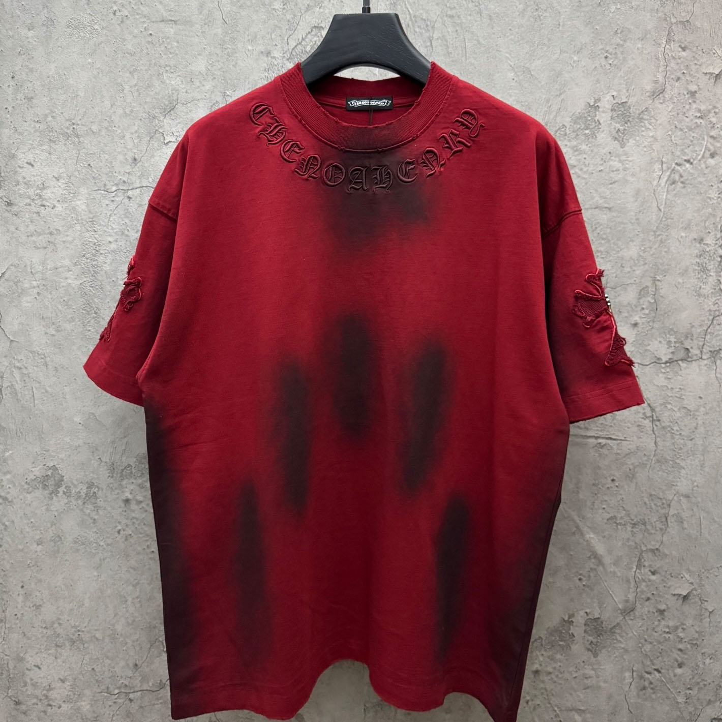 Chrome Hearts Red Hand-Embroidered Distressed Cross  Crewneck Tee - FashionPlug