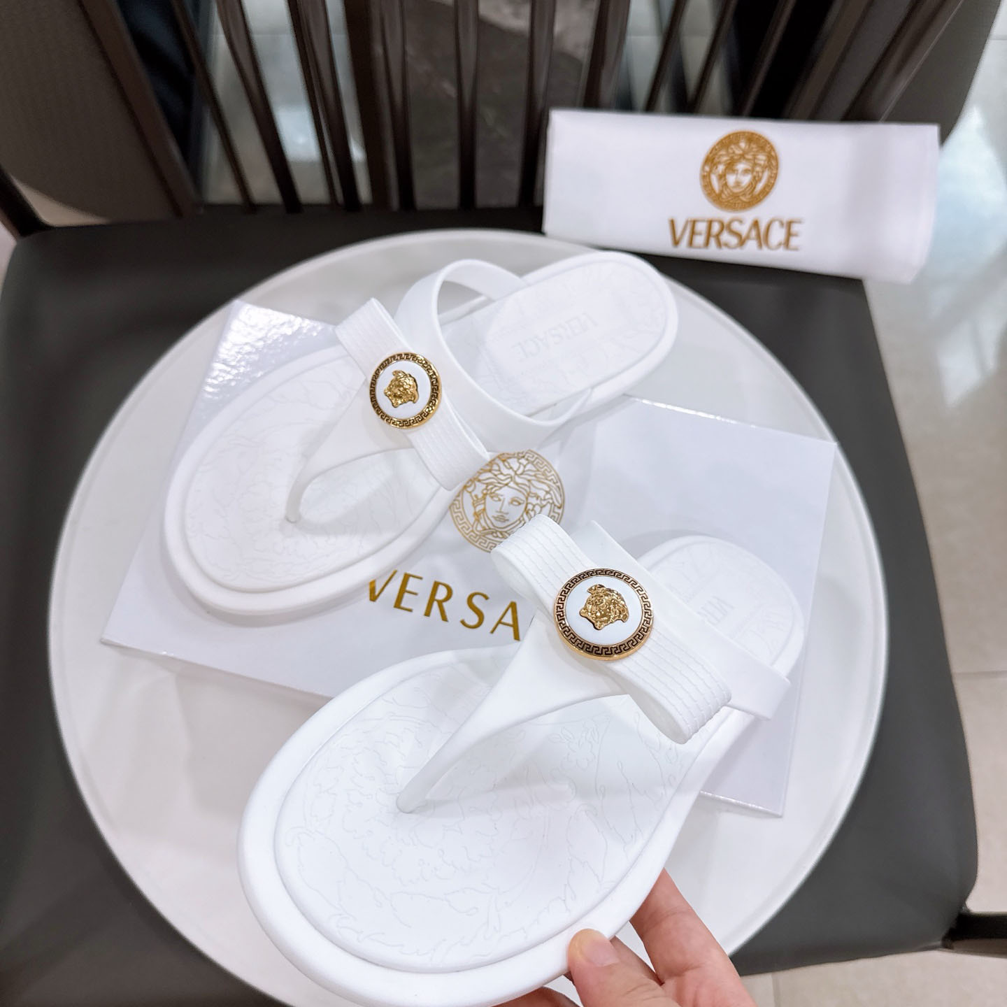 Versace Alia Medusa Embellished Slippers - FashionPlug