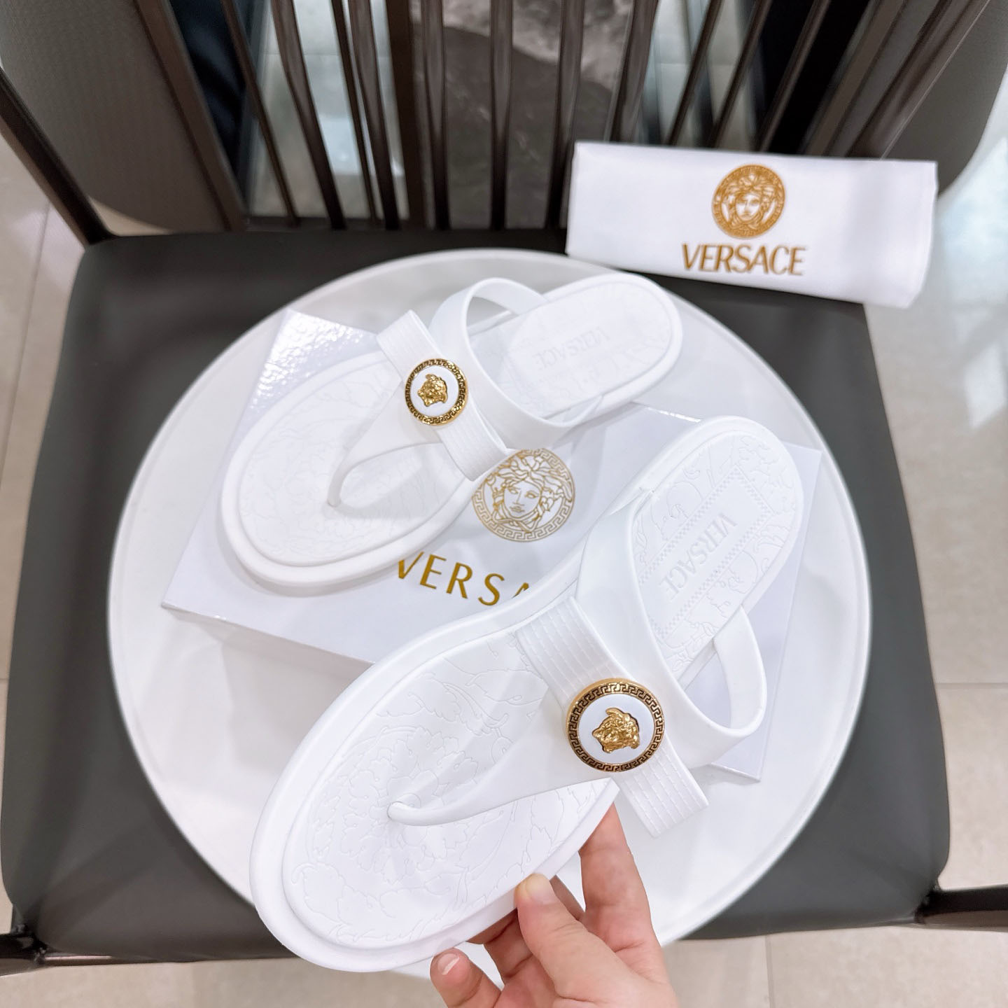 Versace Alia Medusa Embellished Slippers - FashionPlug