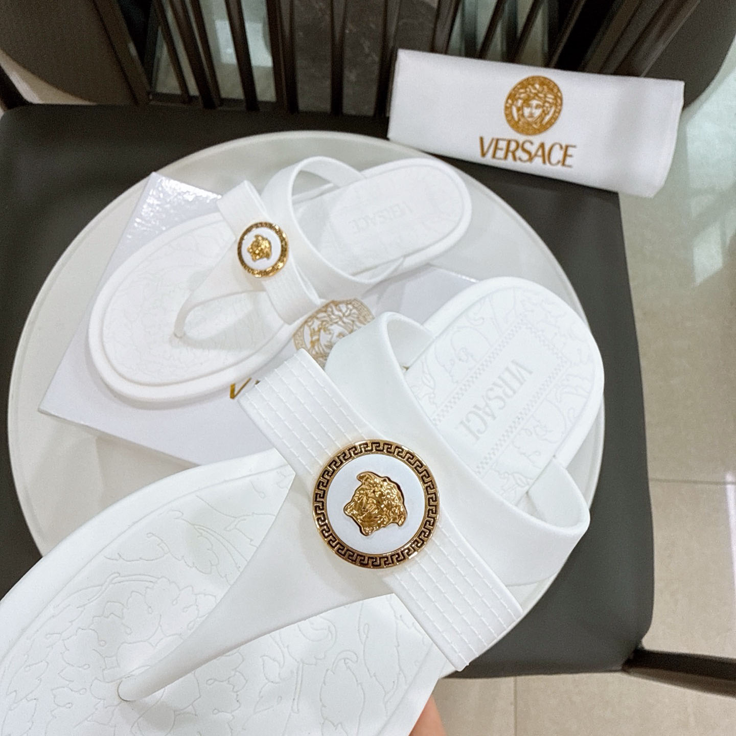 Versace Alia Medusa Embellished Slippers - FashionPlug