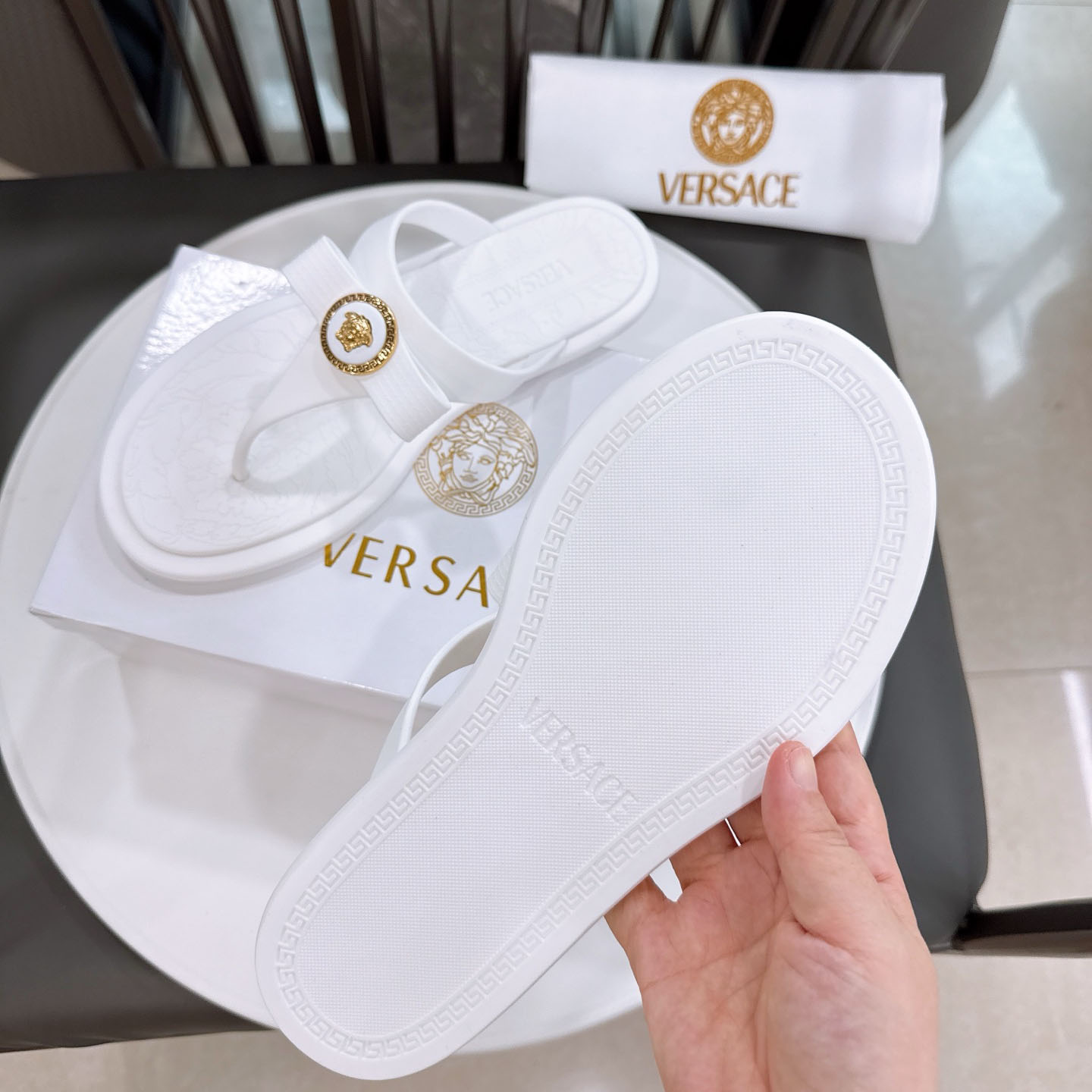 Versace Alia Medusa Embellished Slippers - FashionPlug