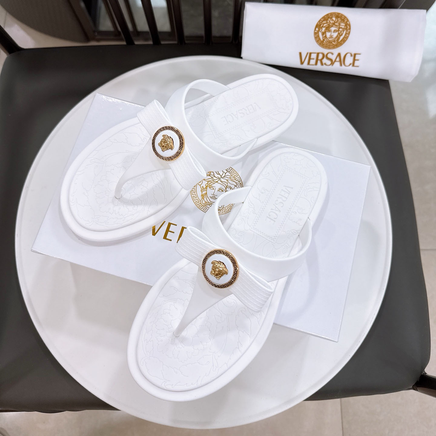 Versace Alia Medusa Embellished Slippers - FashionPlug