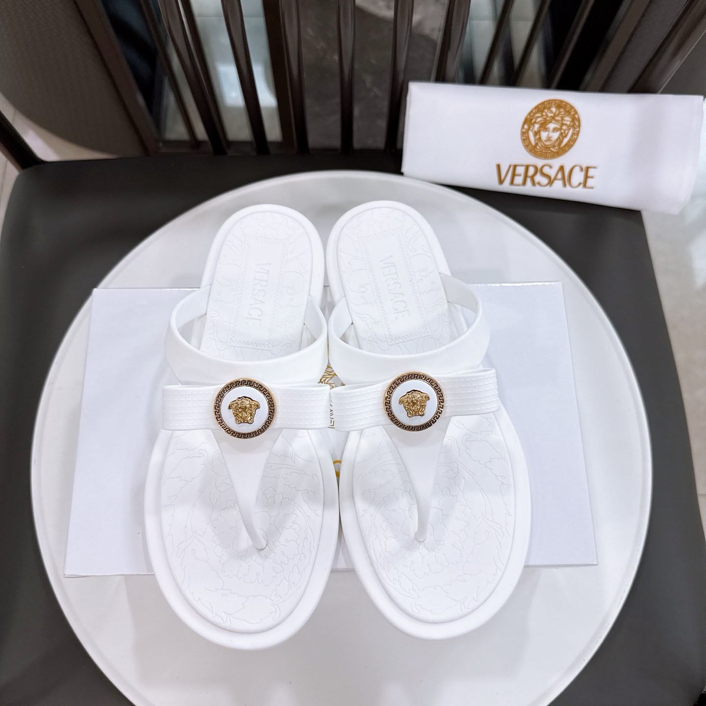 Versace Alia Medusa Embellished Slippers - FashionPlug