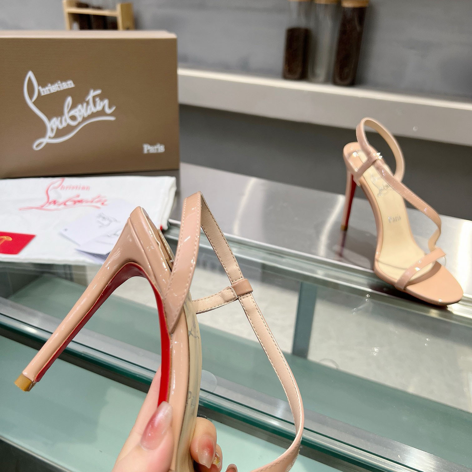 Christian Louboutin Rosa Z  100 mm Sandals  Patent Calf Leather - Blush - FashionPlug