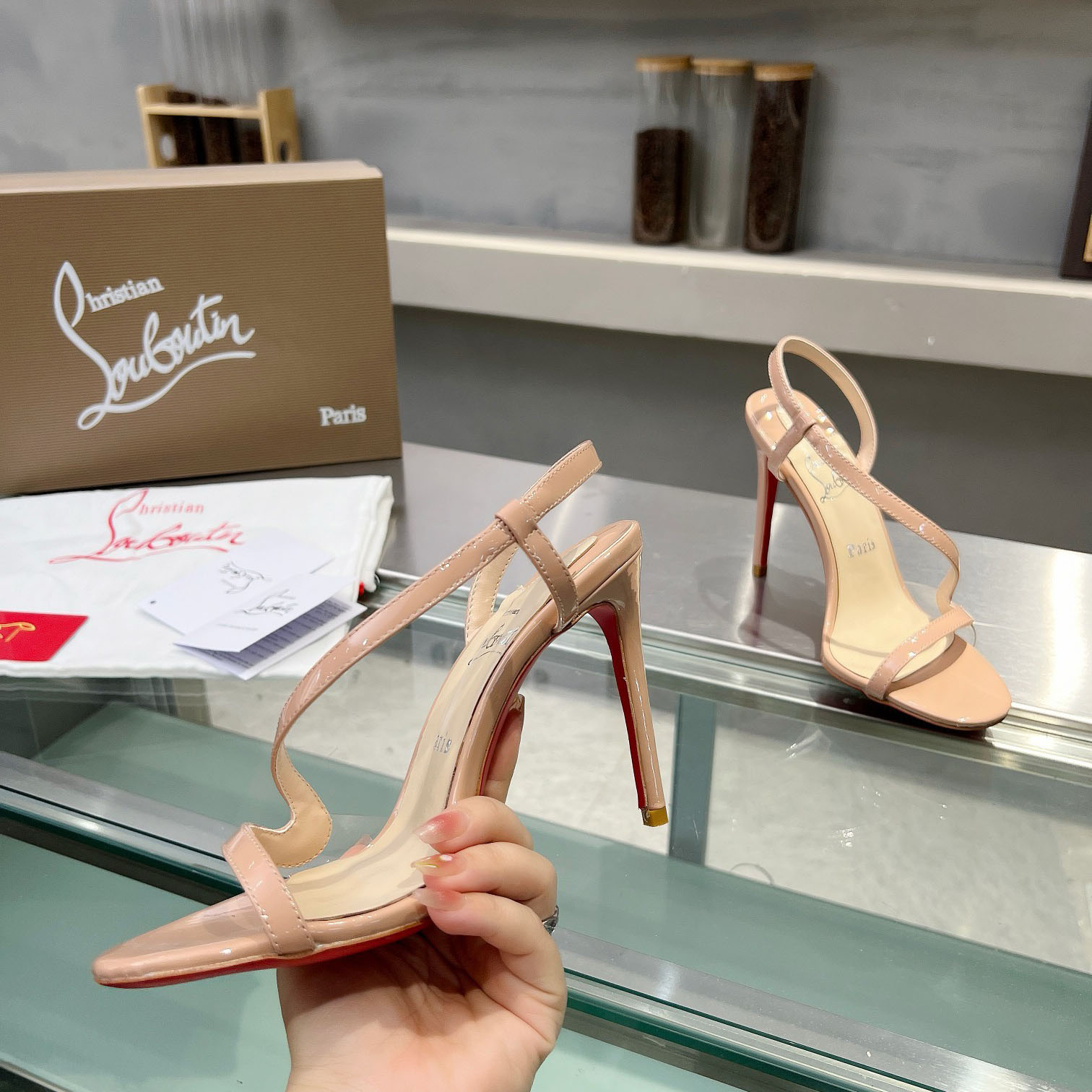 Christian Louboutin Rosa Z  100 mm Sandals  Patent Calf Leather - Blush - FashionPlug