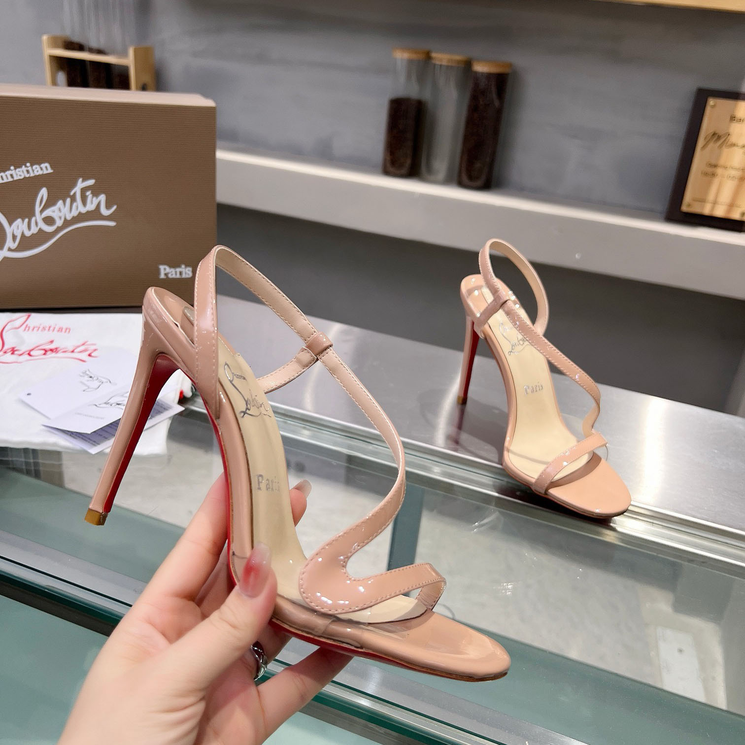 Christian Louboutin Rosa Z  100 mm Sandals  Patent Calf Leather - Blush - FashionPlug