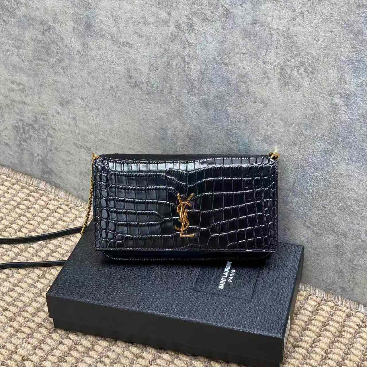 Saint Laurent CASSANDRE Phone Holder In SHINY Crocodile-Embossed Leather - FashionPlug