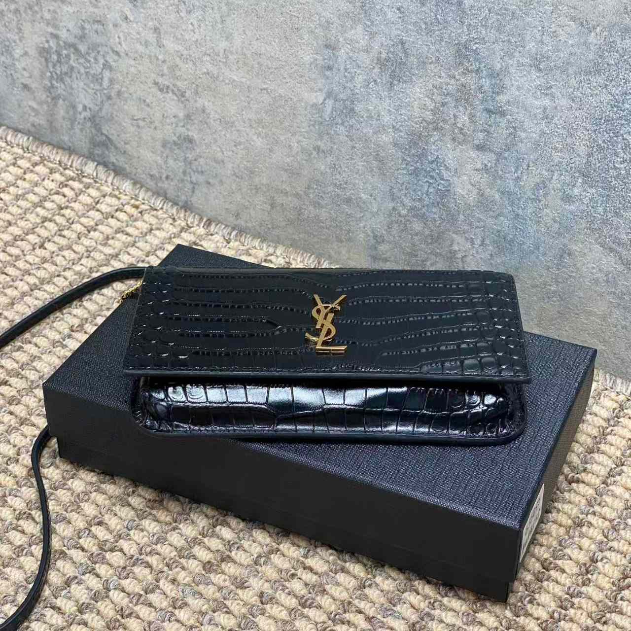 Saint Laurent CASSANDRE Phone Holder In SHINY Crocodile-Embossed Leather - FashionPlug