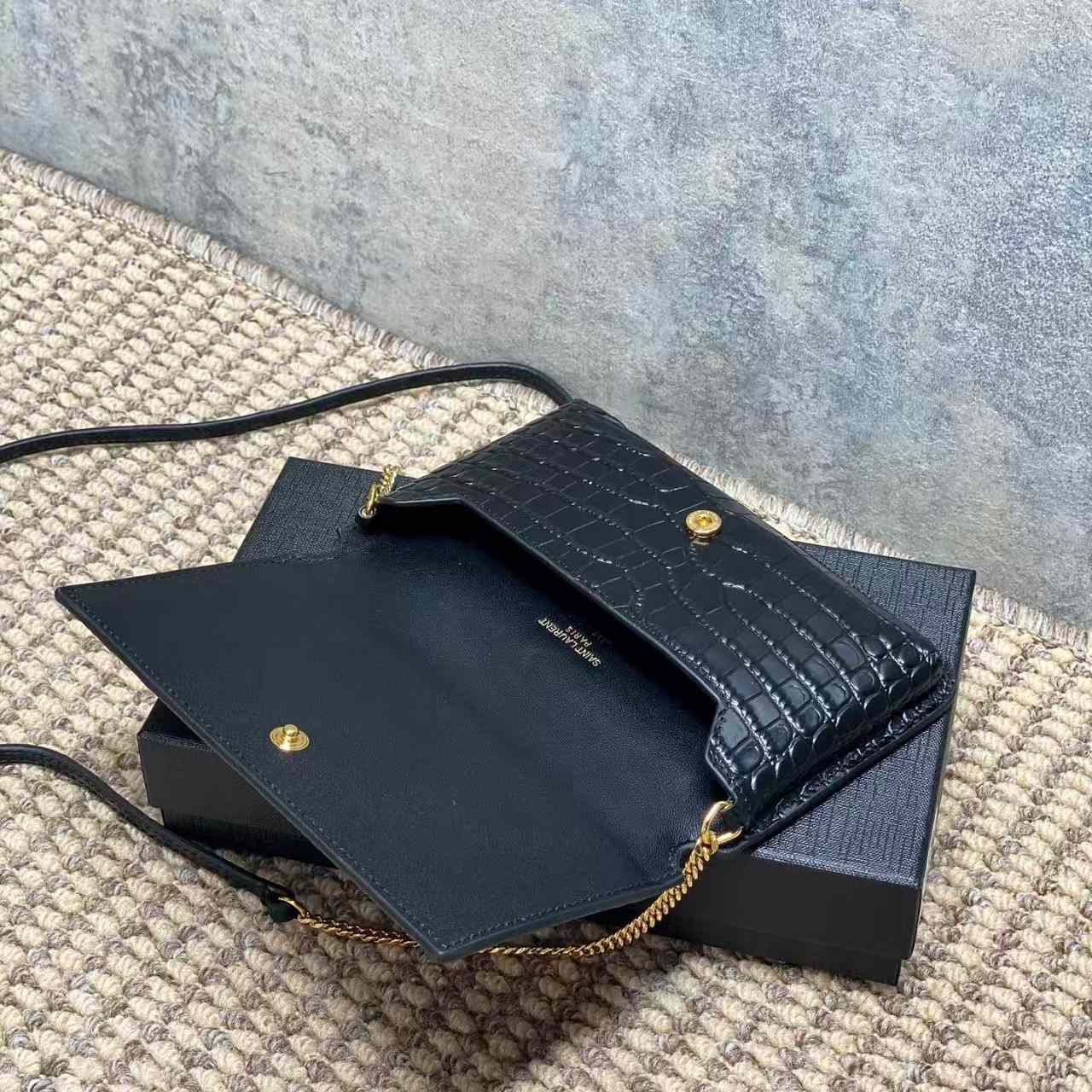 Saint Laurent CASSANDRE Phone Holder In SHINY Crocodile-Embossed Leather - FashionPlug