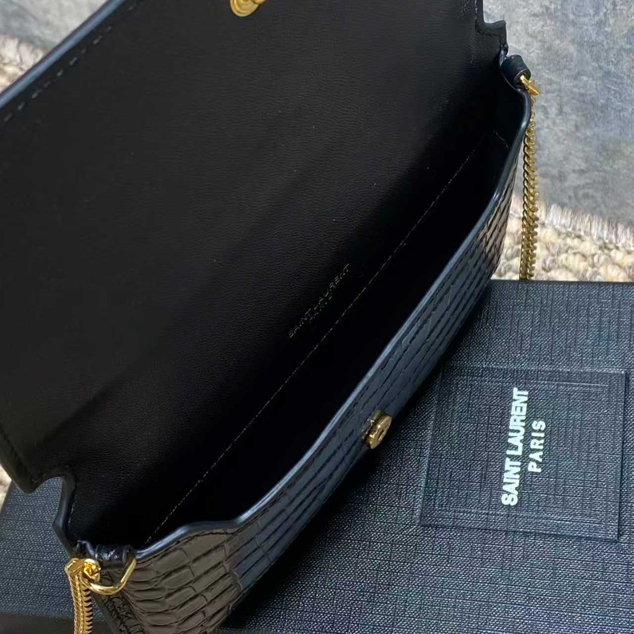 Saint Laurent CASSANDRE Phone Holder In SHINY Crocodile-Embossed Leather - FashionPlug