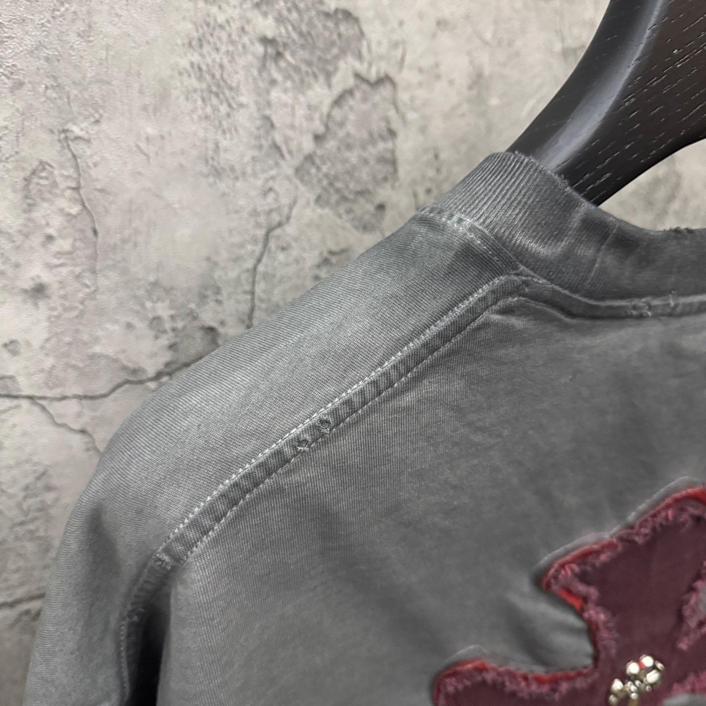 Chrome Hearts Grey Hand-Embroidered Distressed Cross  Crewneck Tee - FashionPlug