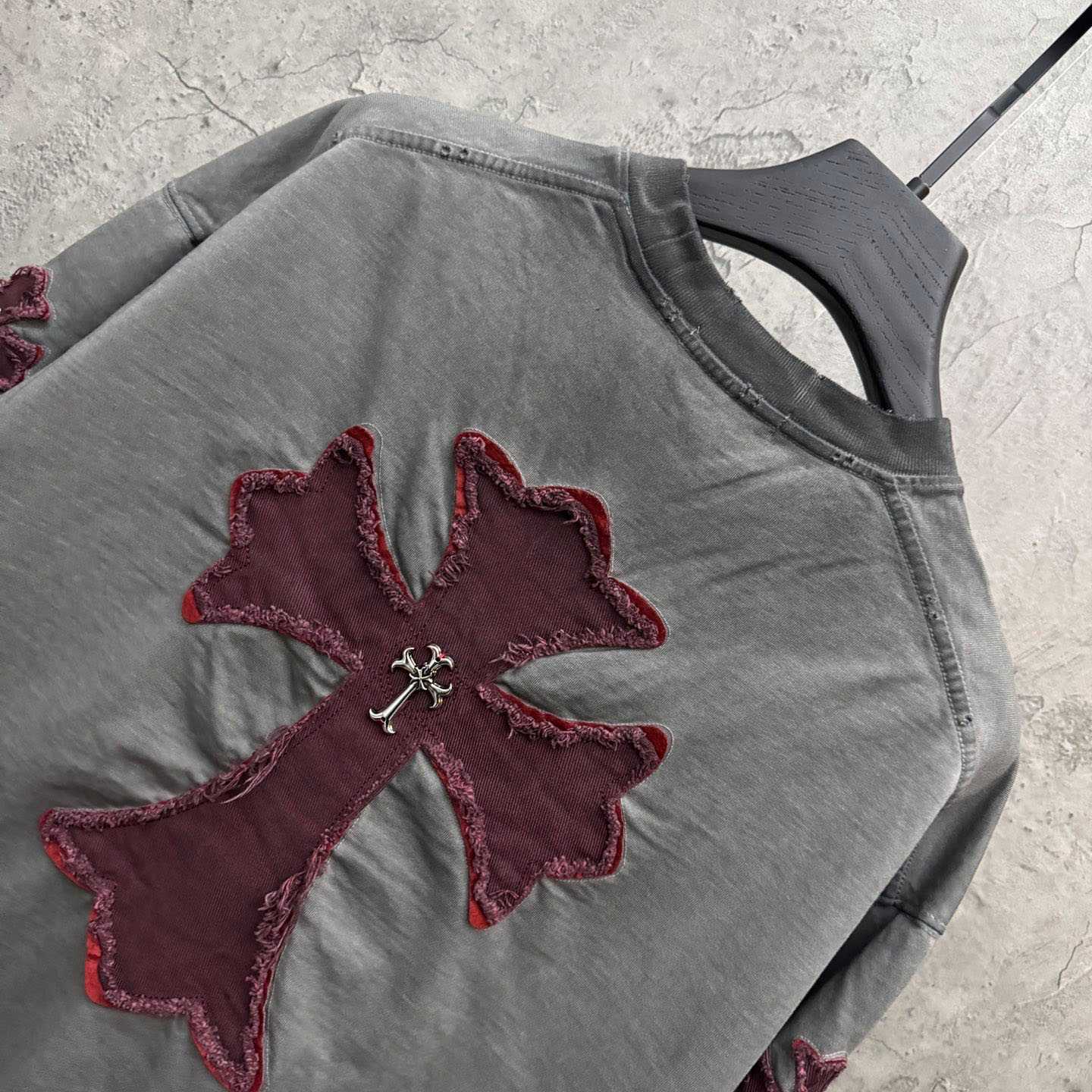 Chrome Hearts Grey Hand-Embroidered Distressed Cross  Crewneck Tee - FashionPlug