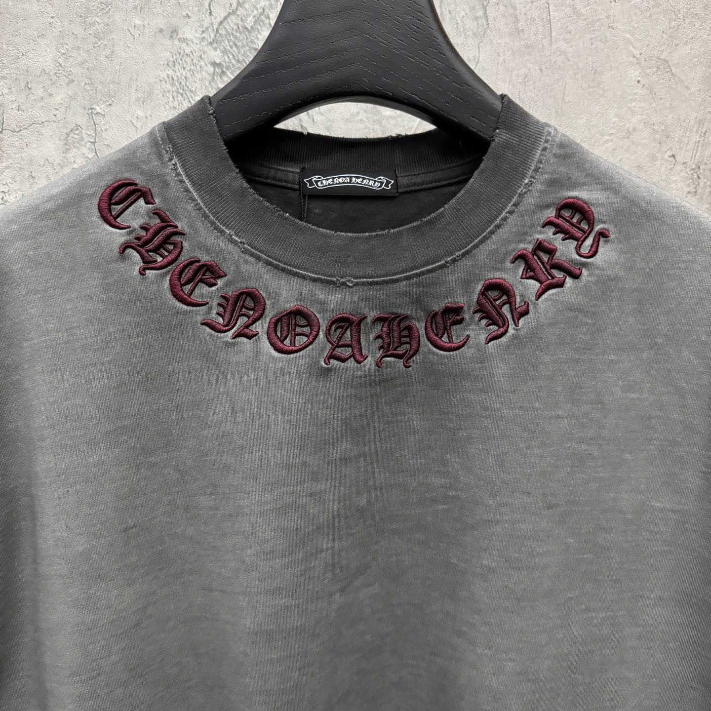 Chrome Hearts Grey Hand-Embroidered Distressed Cross  Crewneck Tee - FashionPlug
