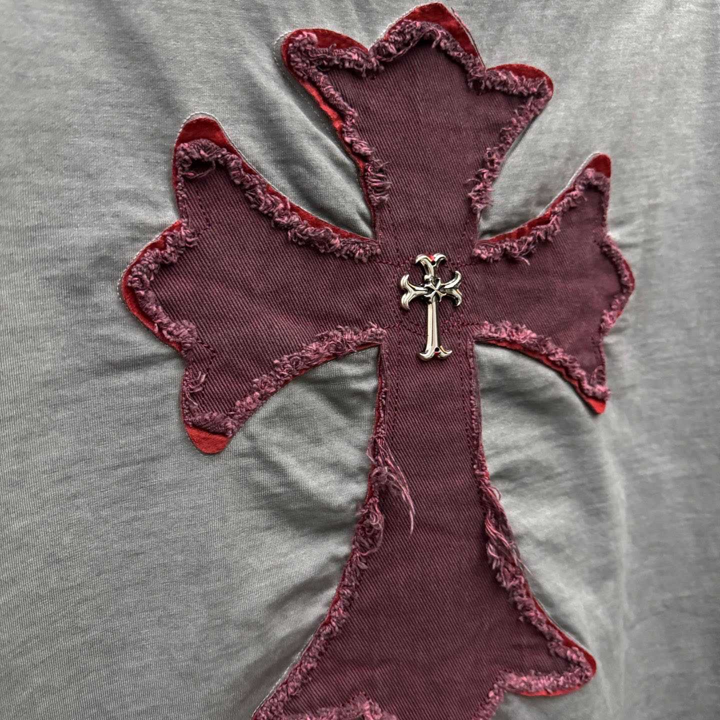 Chrome Hearts Grey Hand-Embroidered Distressed Cross  Crewneck Tee - FashionPlug