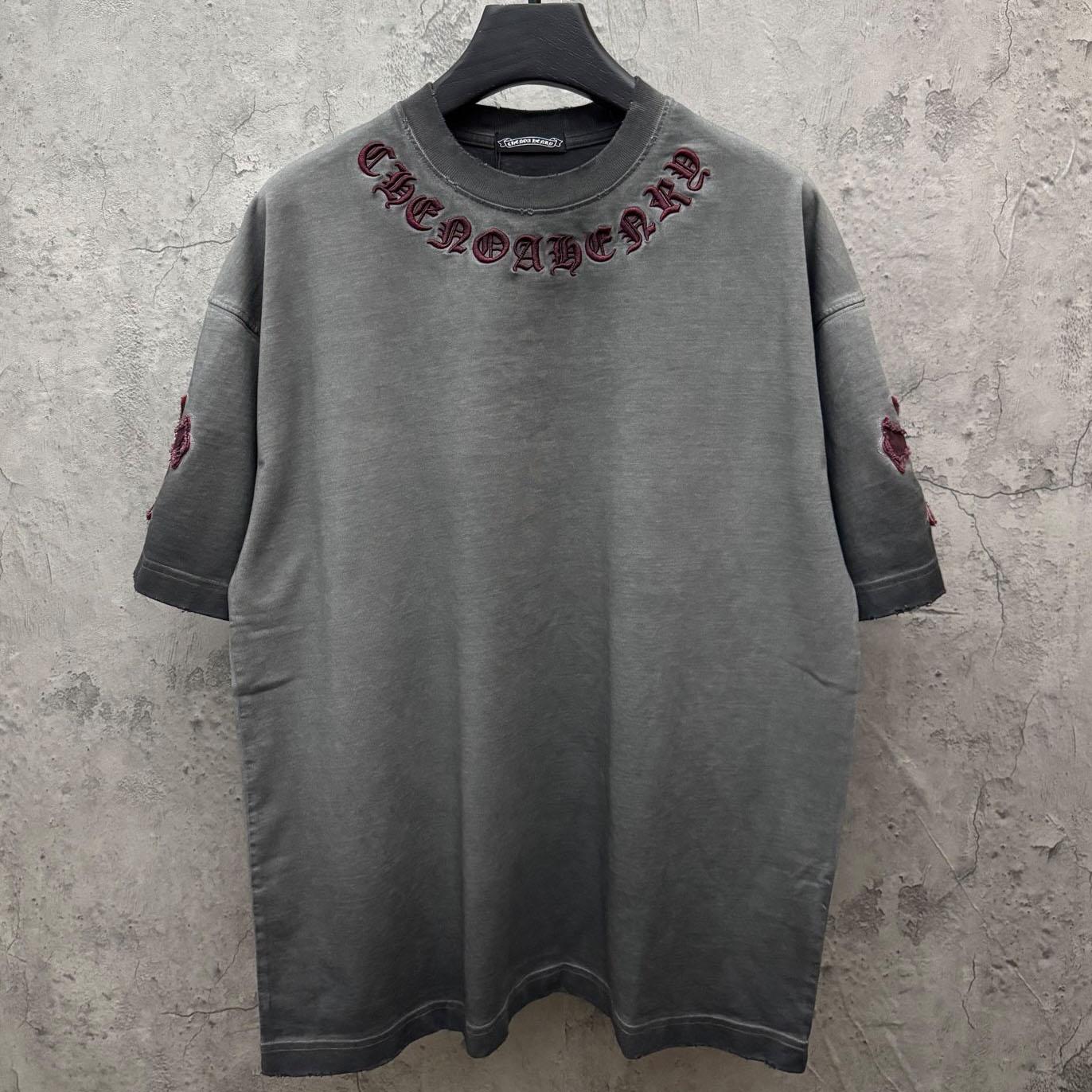 Chrome Hearts Grey Hand-Embroidered Distressed Cross  Crewneck Tee - FashionPlug