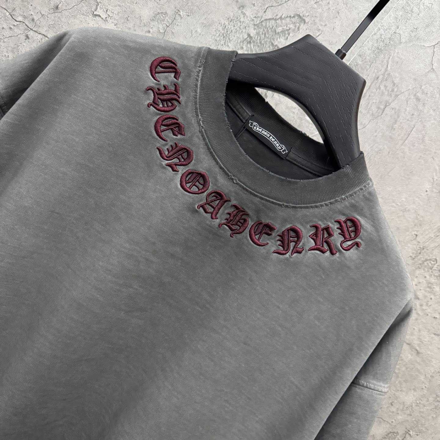 Chrome Hearts Grey Hand-Embroidered Distressed Cross  Crewneck Tee - FashionPlug