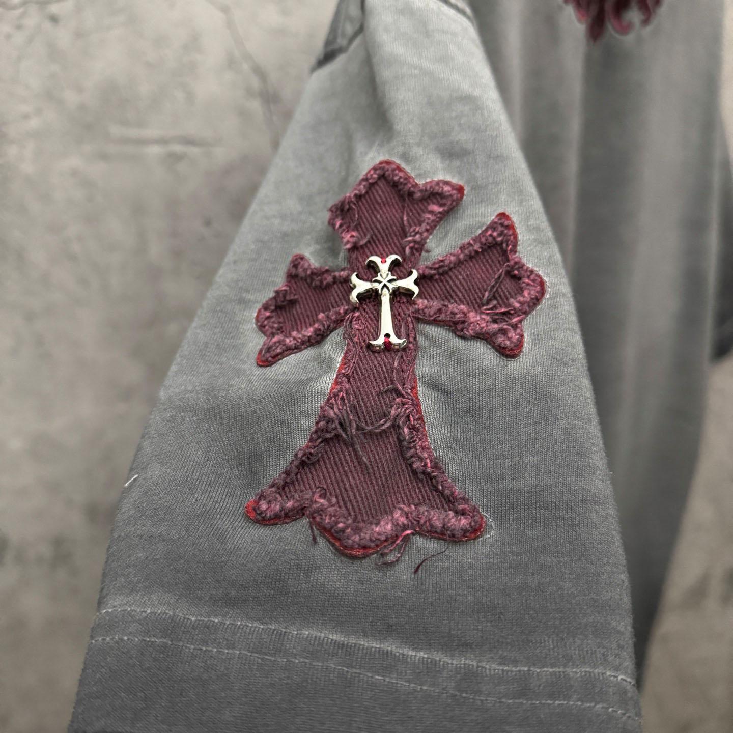 Chrome Hearts Grey Hand-Embroidered Distressed Cross  Crewneck Tee - FashionPlug
