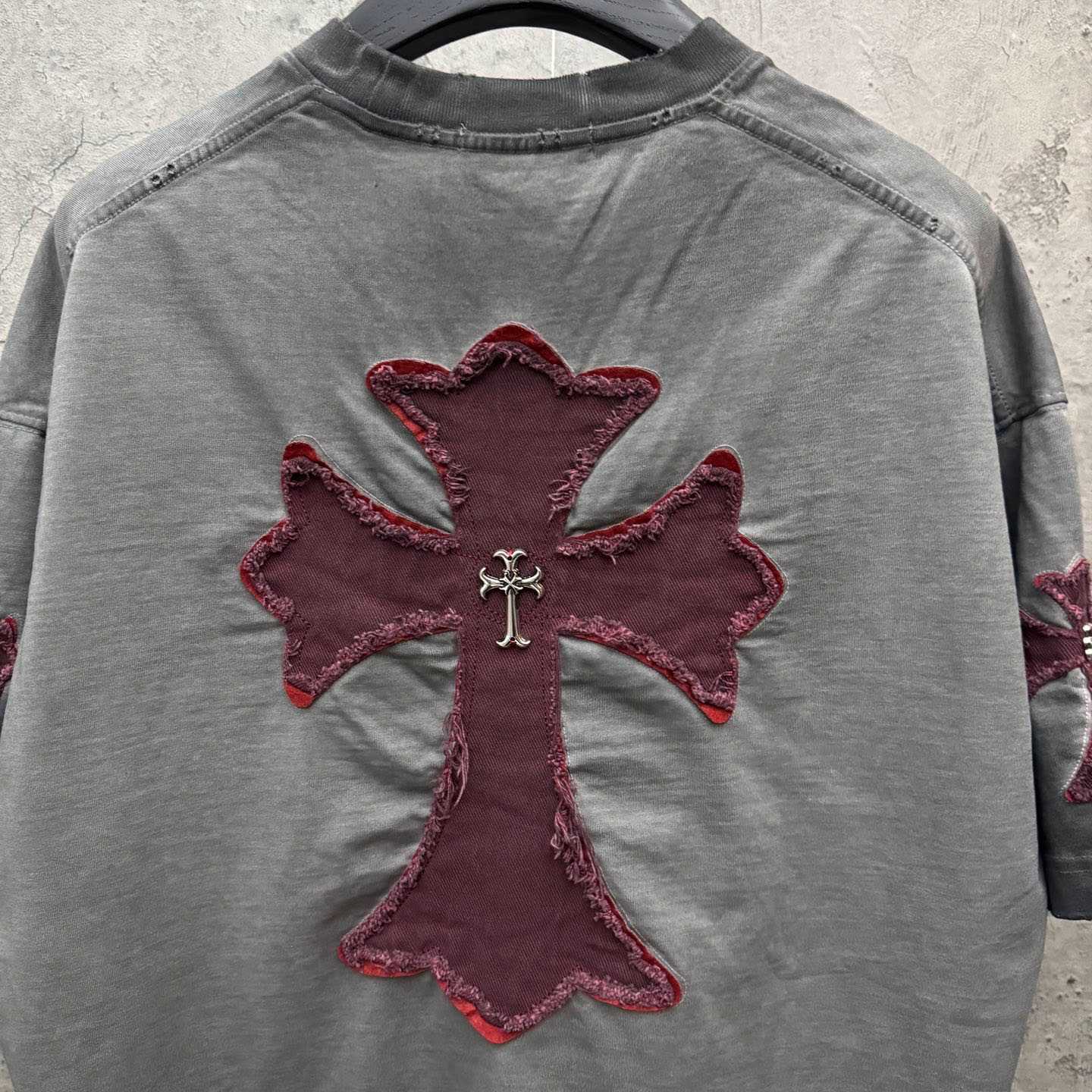 Chrome Hearts Grey Hand-Embroidered Distressed Cross  Crewneck Tee - FashionPlug