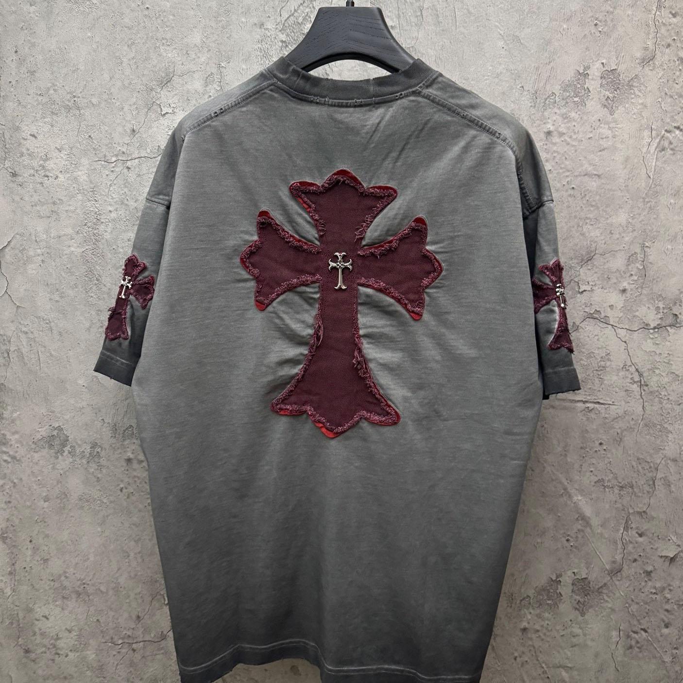 Chrome Hearts Grey Hand-Embroidered Distressed Cross  Crewneck Tee - FashionPlug