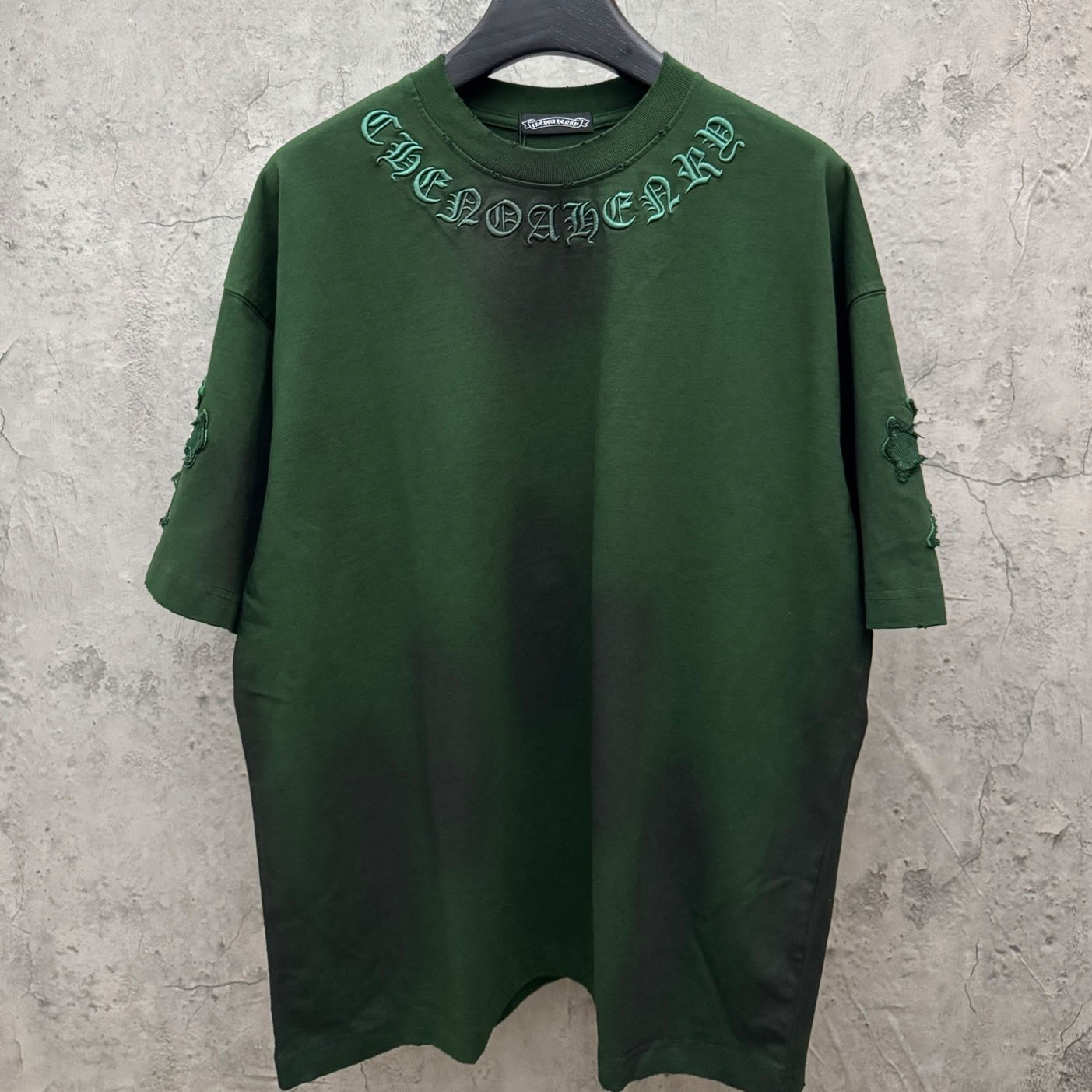 Chrome Hearts Green Hand-Embroidered Distressed Cross  Crewneck Tee - FashionPlug