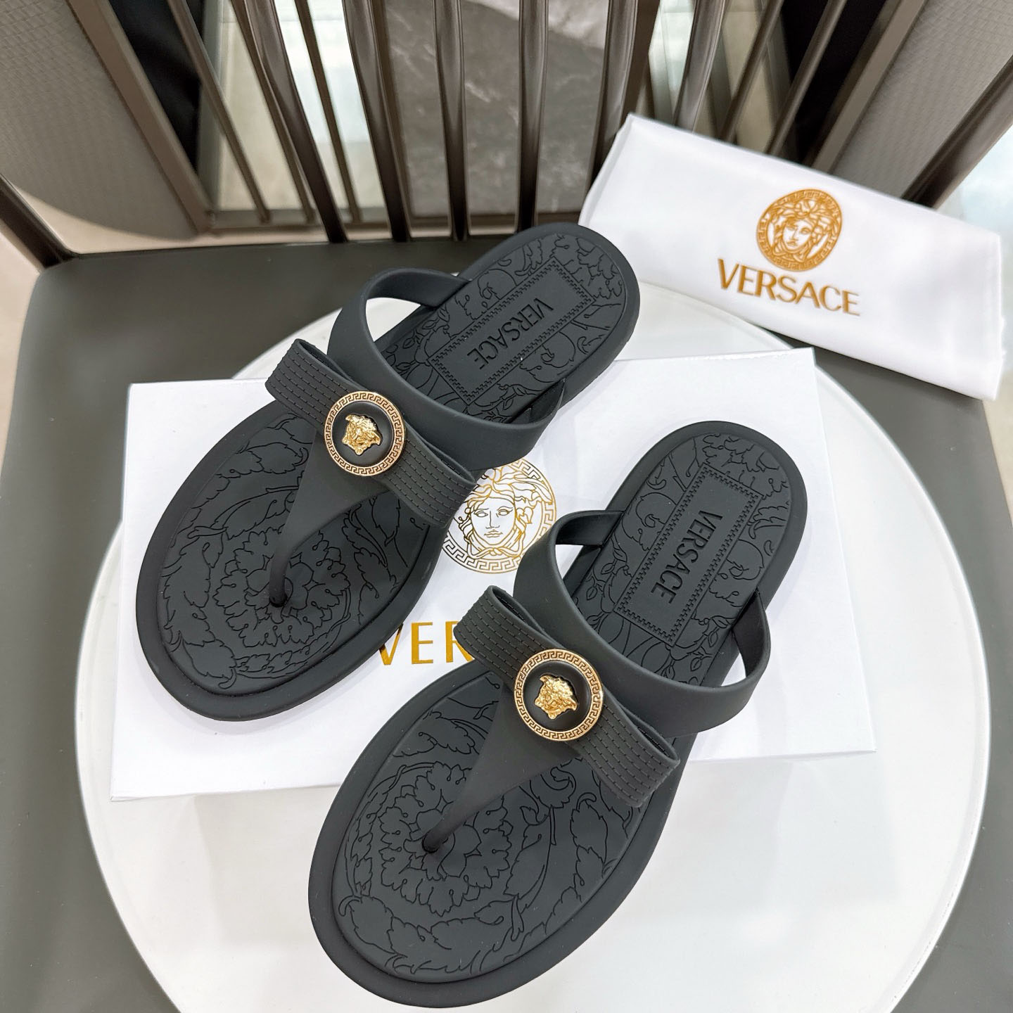 Versace Alia Medusa Embellished Slippers - FashionPlug