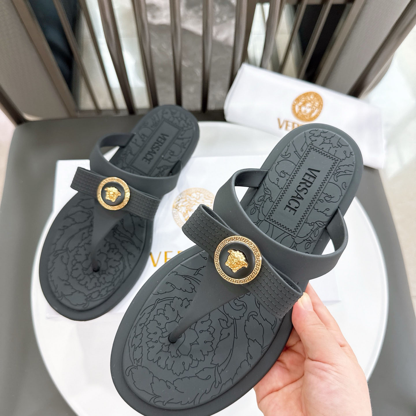 Versace Alia Medusa Embellished Slippers - FashionPlug