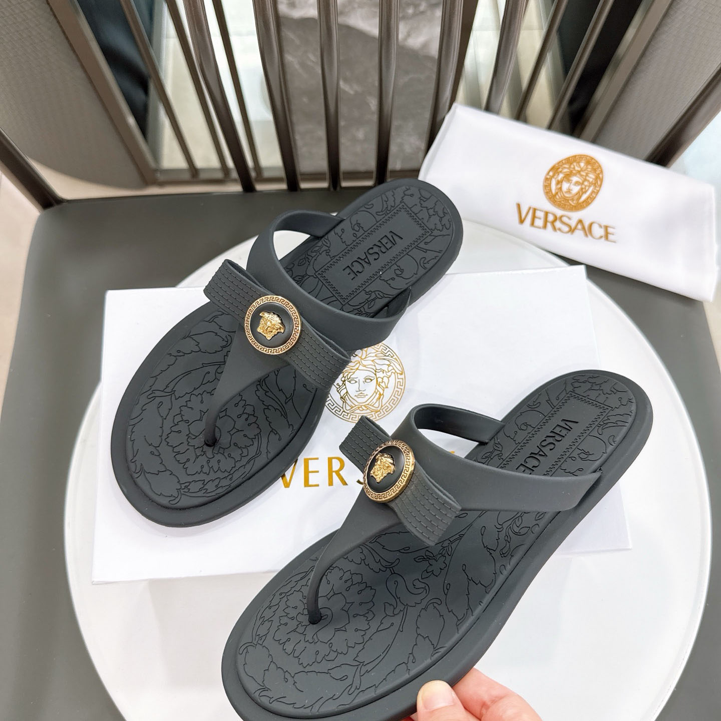 Versace Alia Medusa Embellished Slippers - FashionPlug