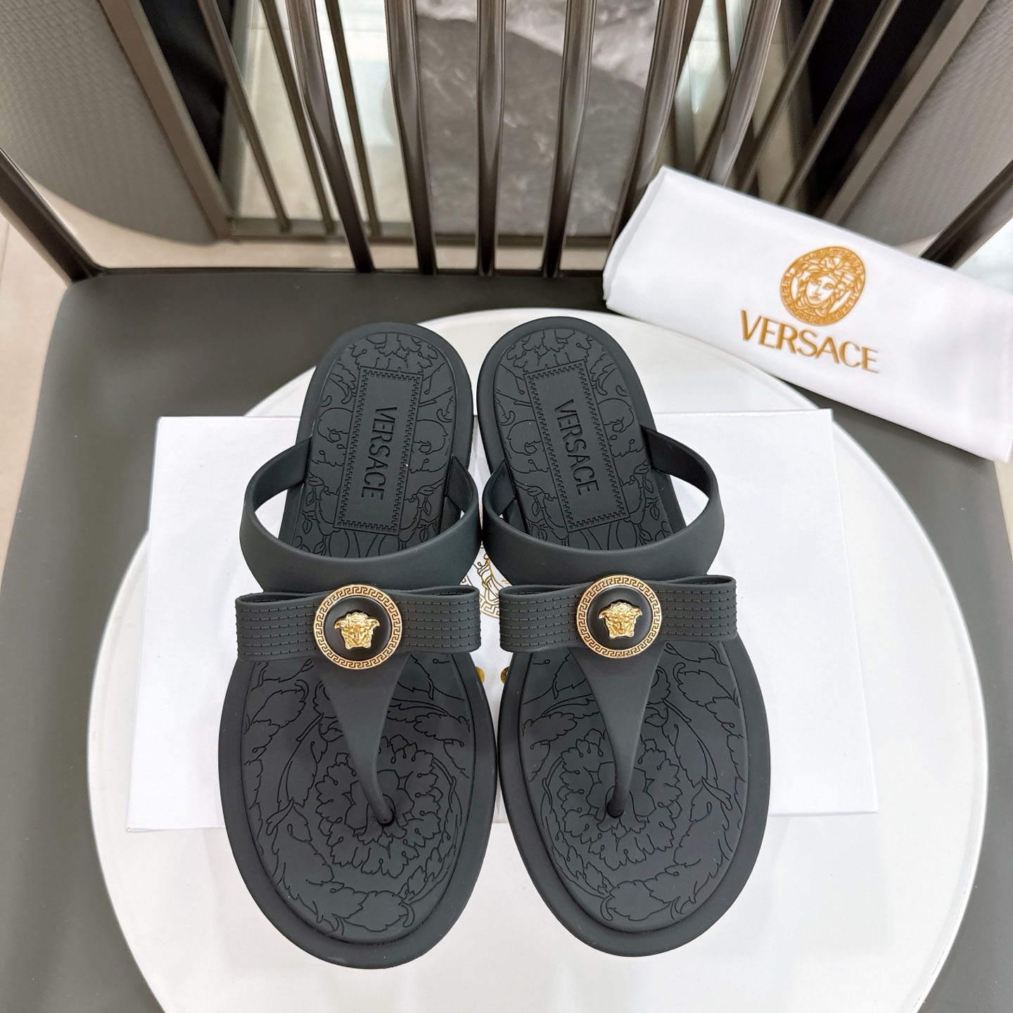 Versace Alia Medusa Embellished Slippers - FashionPlug