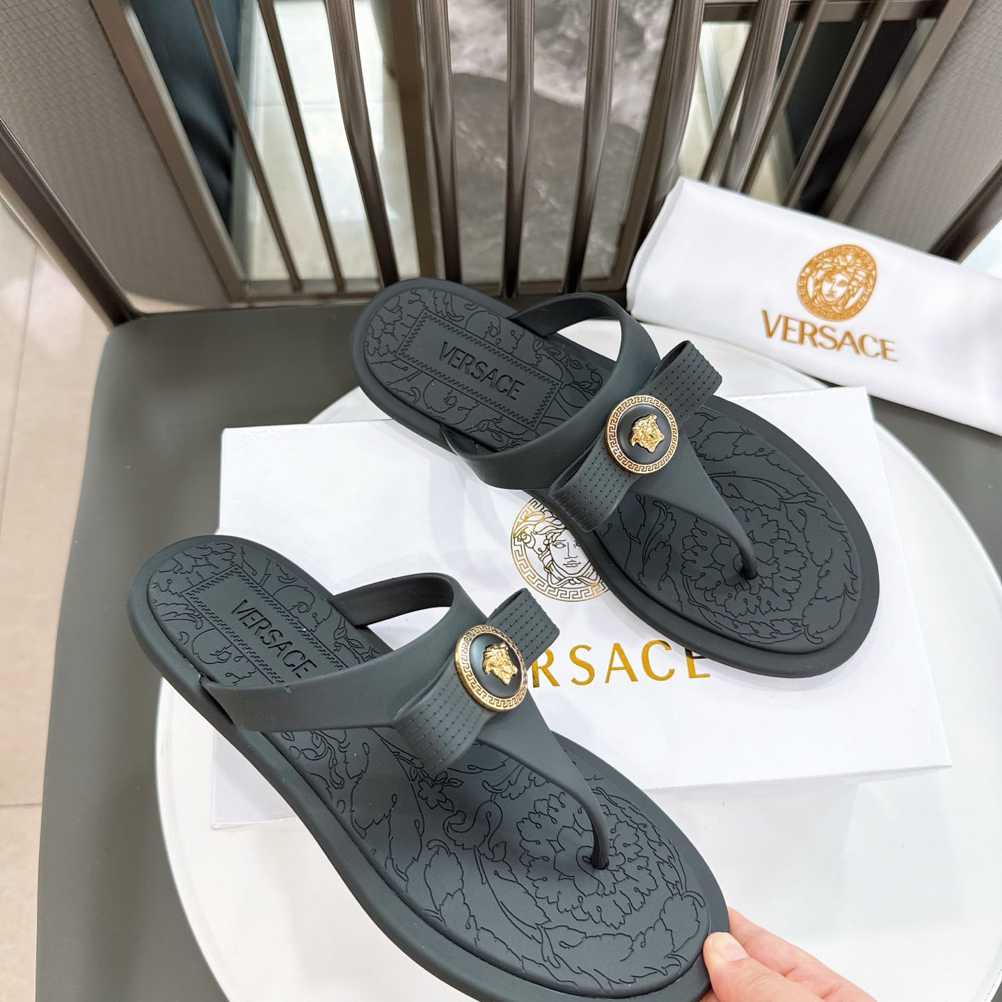 Versace Alia Medusa Embellished Slippers - FashionPlug