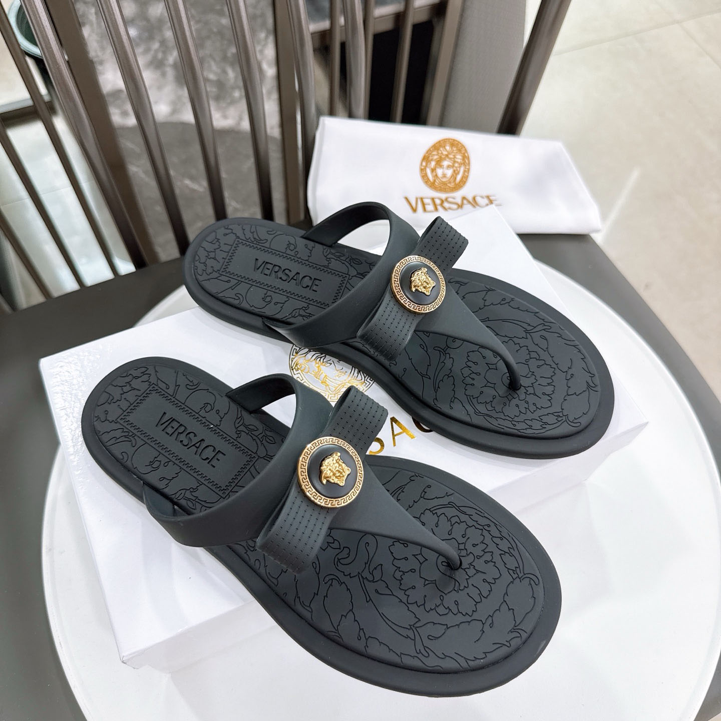 Versace Alia Medusa Embellished Slippers - FashionPlug