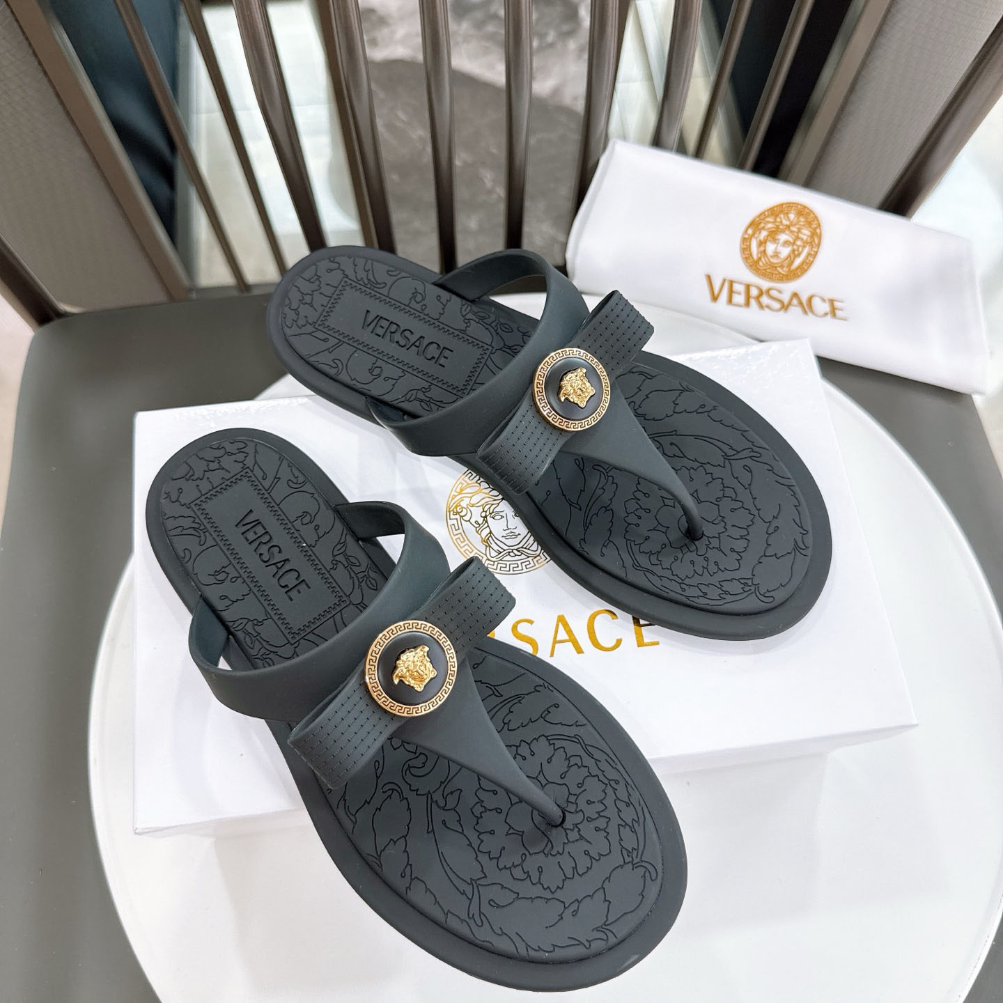 Versace Alia Medusa Embellished Slippers - FashionPlug