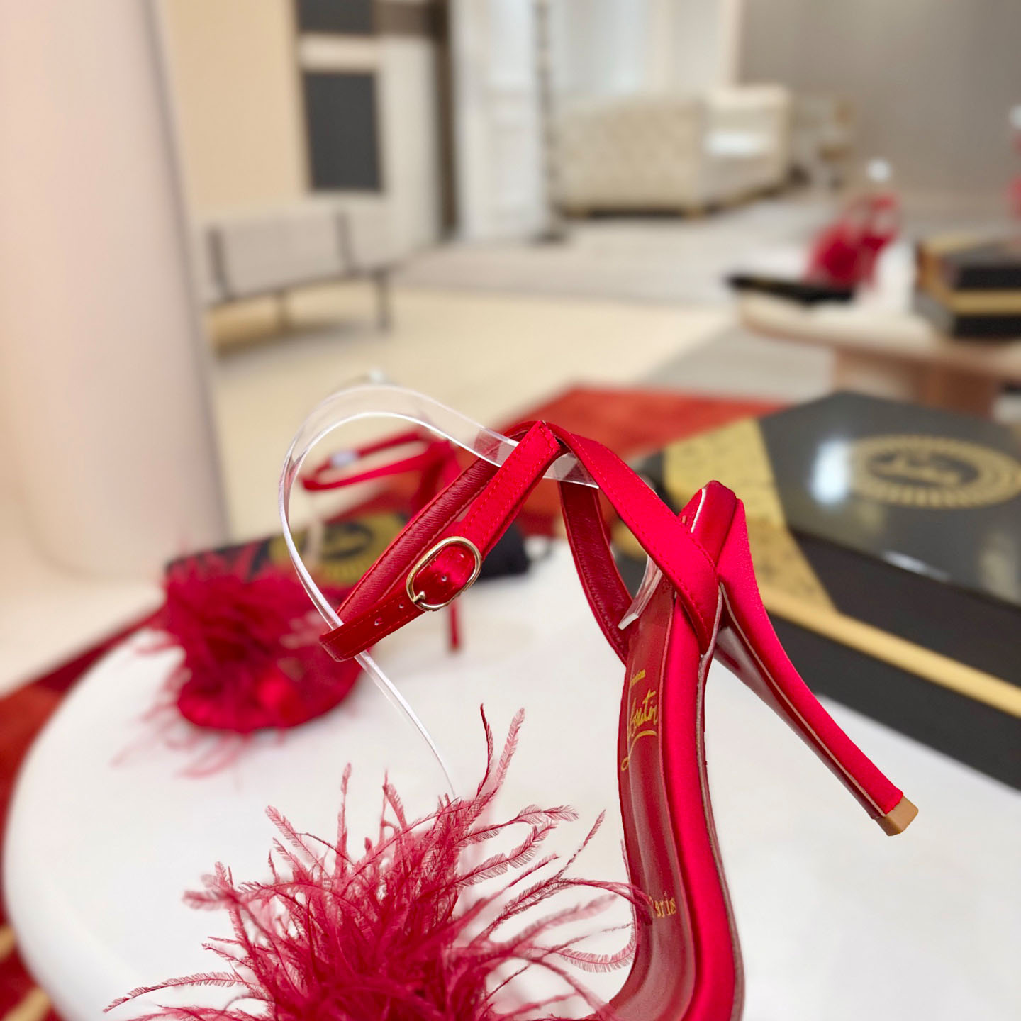 Christian Louboutin Miss Z Poupi 100 mm Strappy Sandals Crepe Satin Fever  - FashionPlug