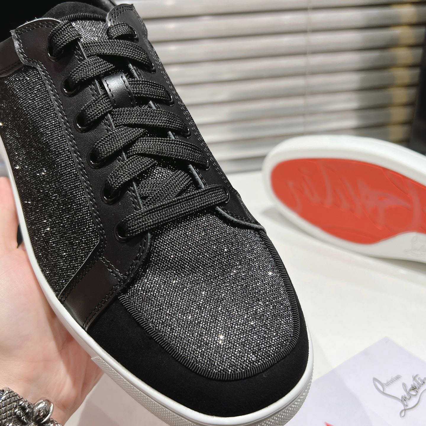 Christian Louboutin Rantulow Canvas, Snake-Effect Leather And Suede Sneakers - FashionPlug
