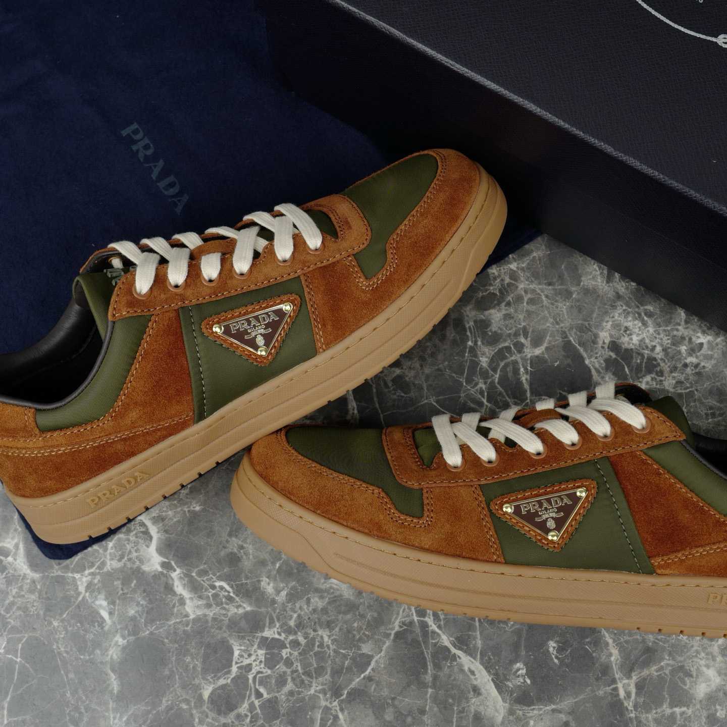 Prada Downtown Re-Nylon And Suede Sneakers - FashionPlug