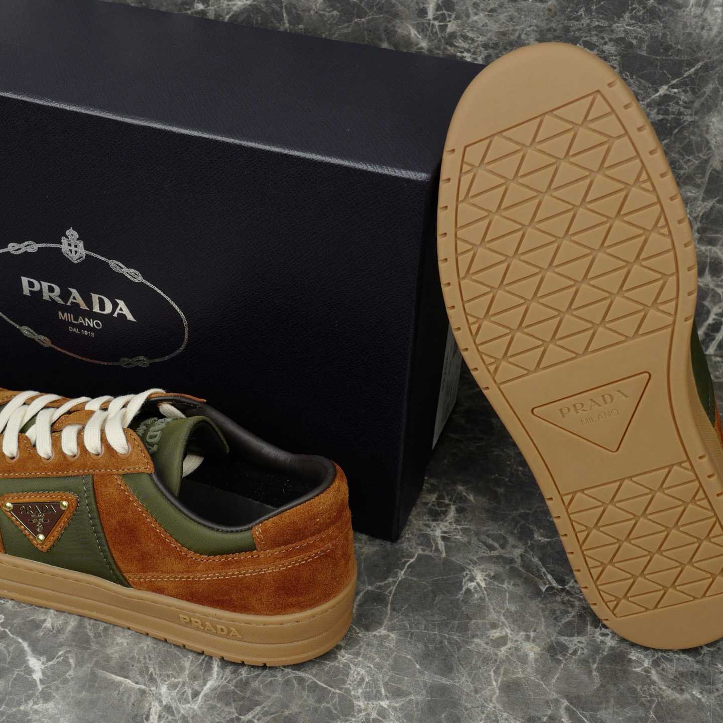 Prada Downtown Re-Nylon And Suede Sneakers - FashionPlug