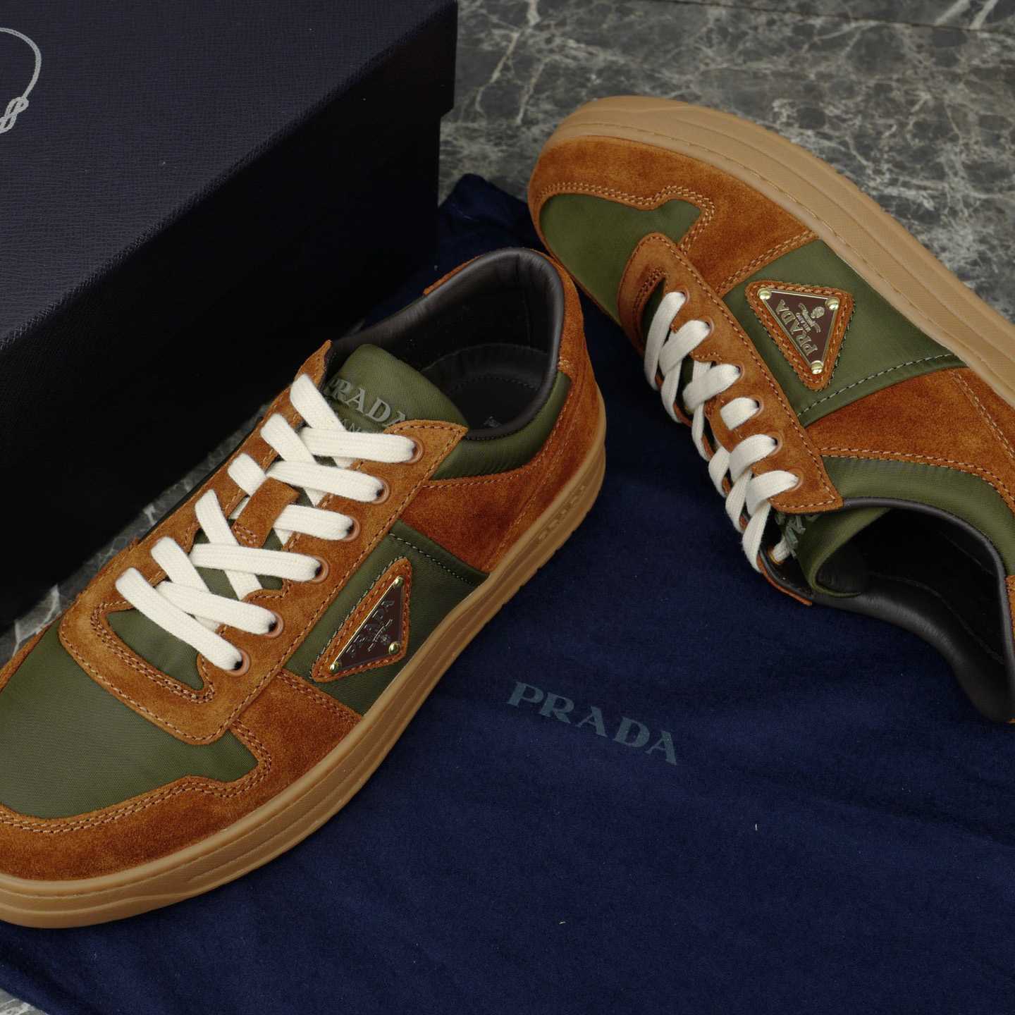 Prada Downtown Re-Nylon And Suede Sneakers - FashionPlug