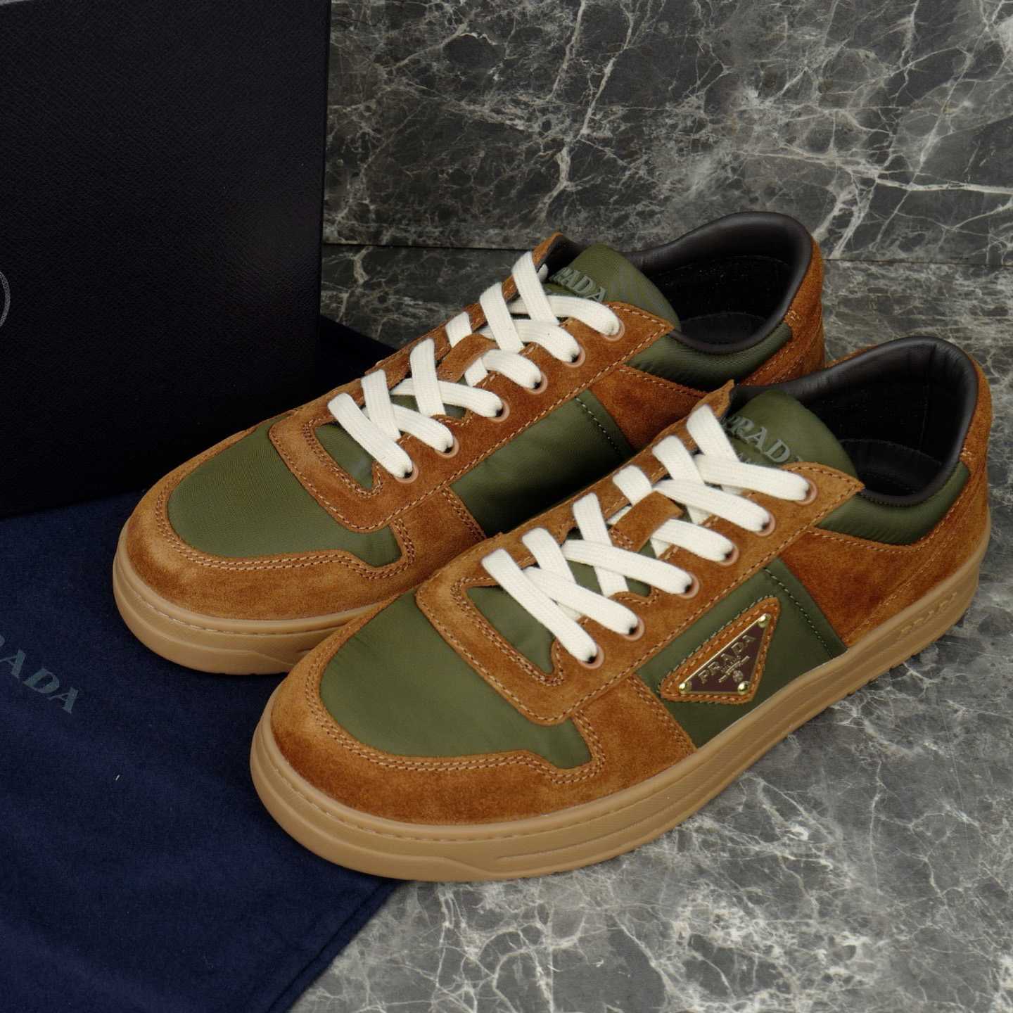 Prada Downtown Re-Nylon And Suede Sneakers - FashionPlug