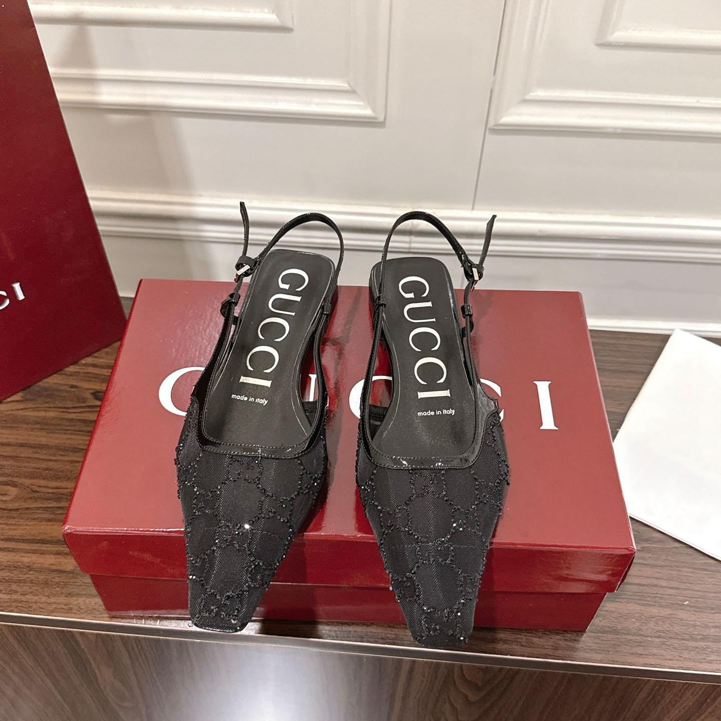 Gucci Suede Mesh Crystal GG Monogram Slingback Ballet Flats - FashionPlug