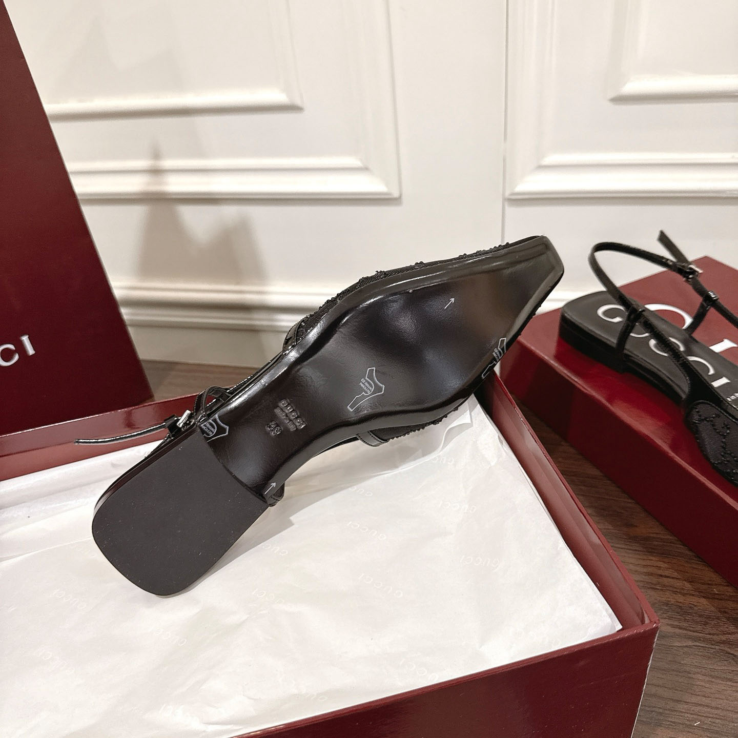 Gucci Suede Mesh Crystal GG Monogram Slingback Ballet Flats - FashionPlug