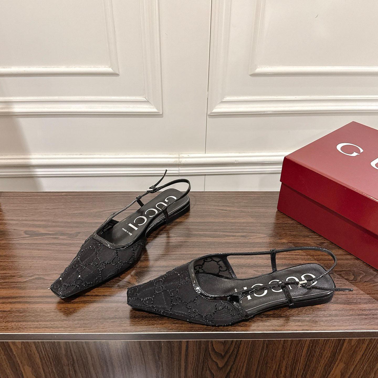 Gucci Suede Mesh Crystal GG Monogram Slingback Ballet Flats - FashionPlug